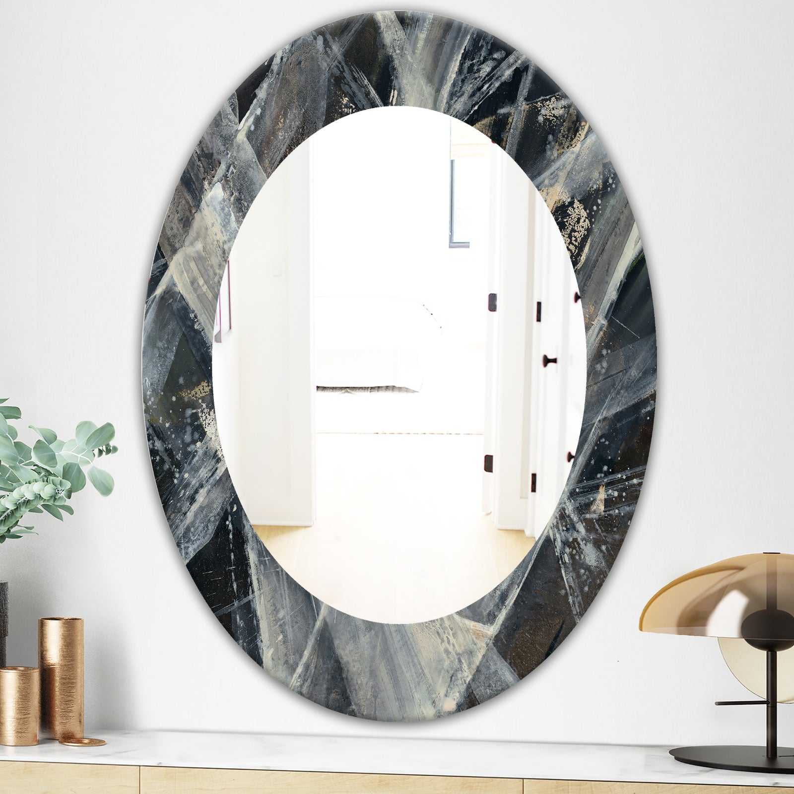 Abstract Glacial Black and White Painting - Mid-Century Mirror - Oval or Round Wall Mirror