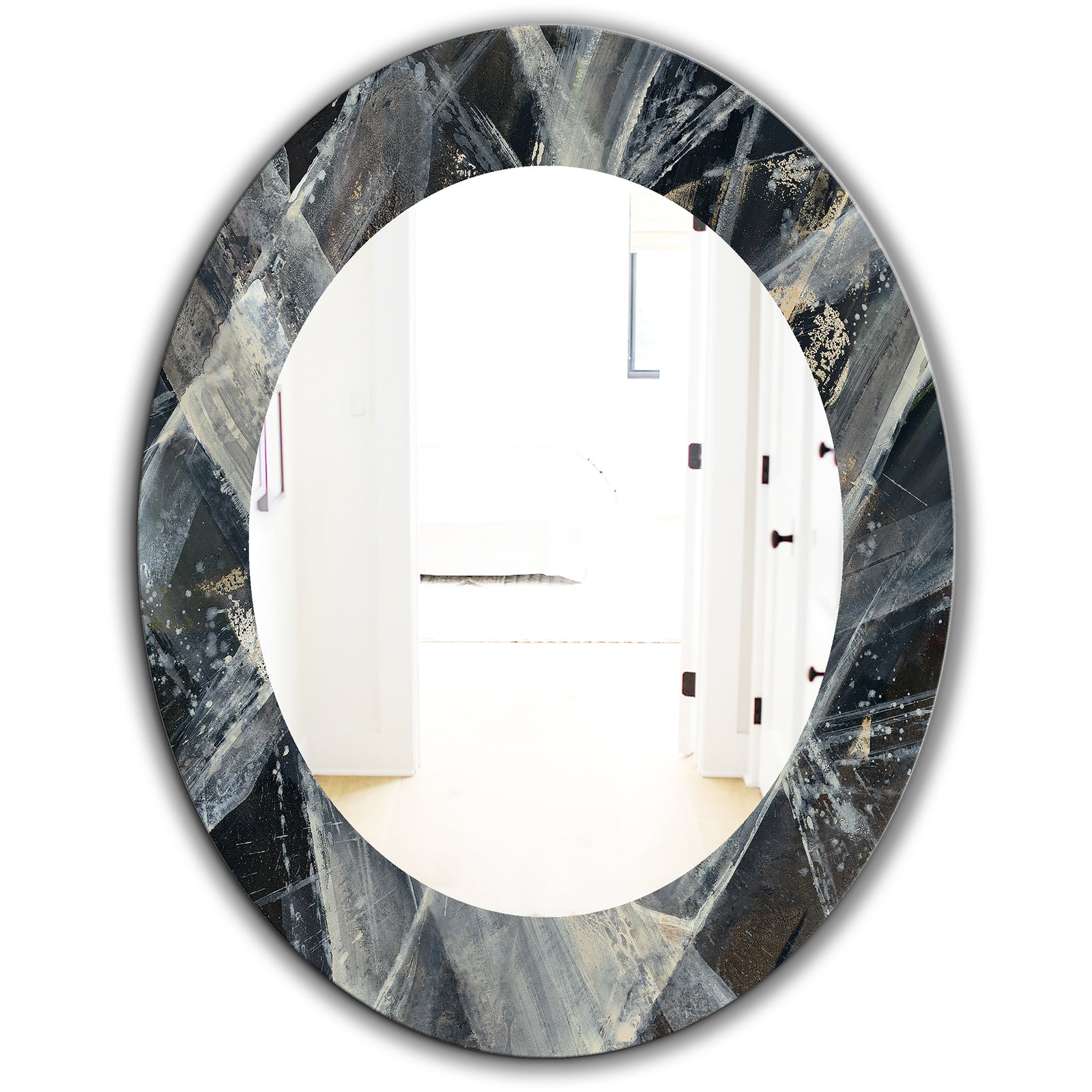 Abstract Glacial Black and White Painting - Mid-Century Mirror - Oval or Round Wall Mirror