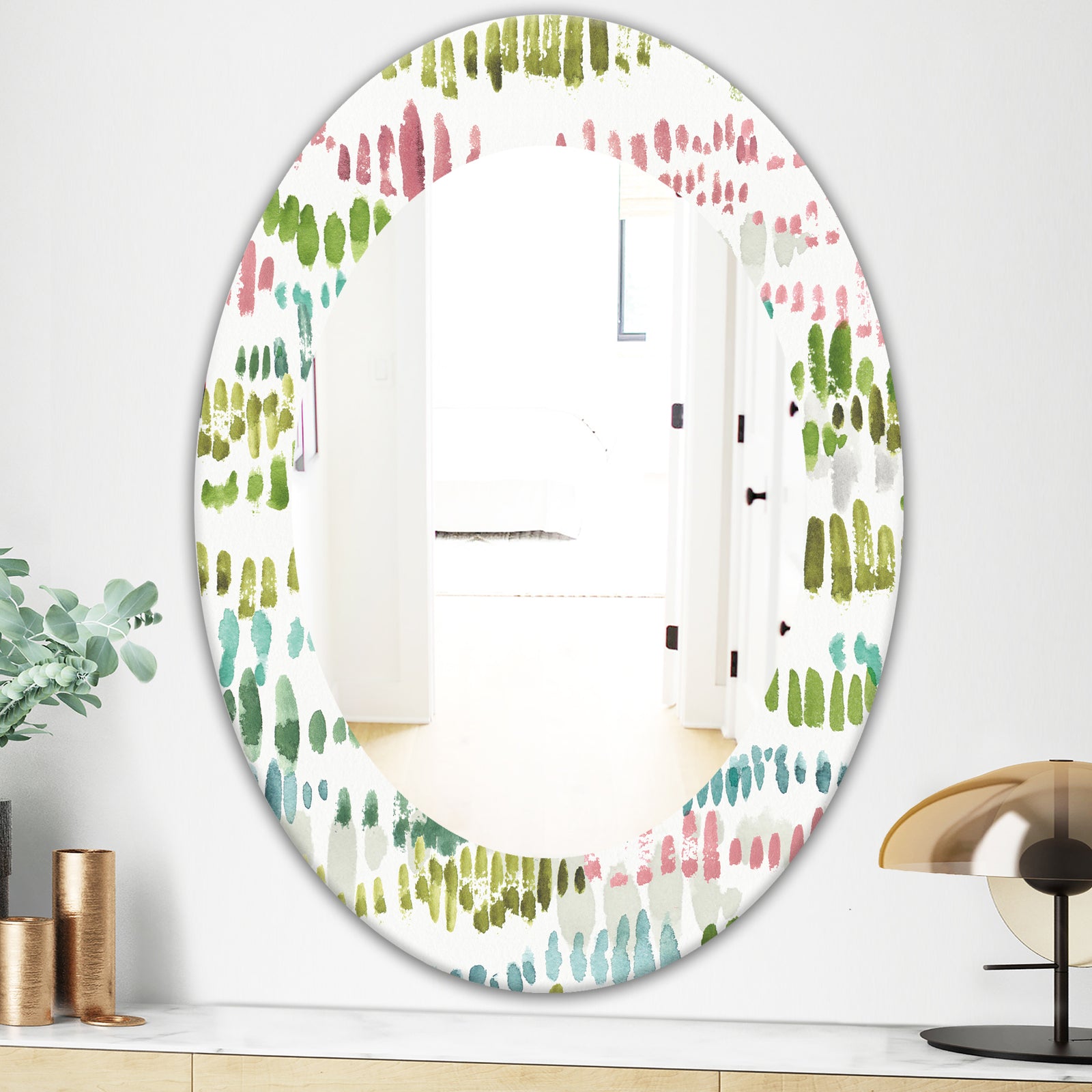 Mixed Green Geometric Pattern II - Modern Mirror - Oval or Round Wall Mirror