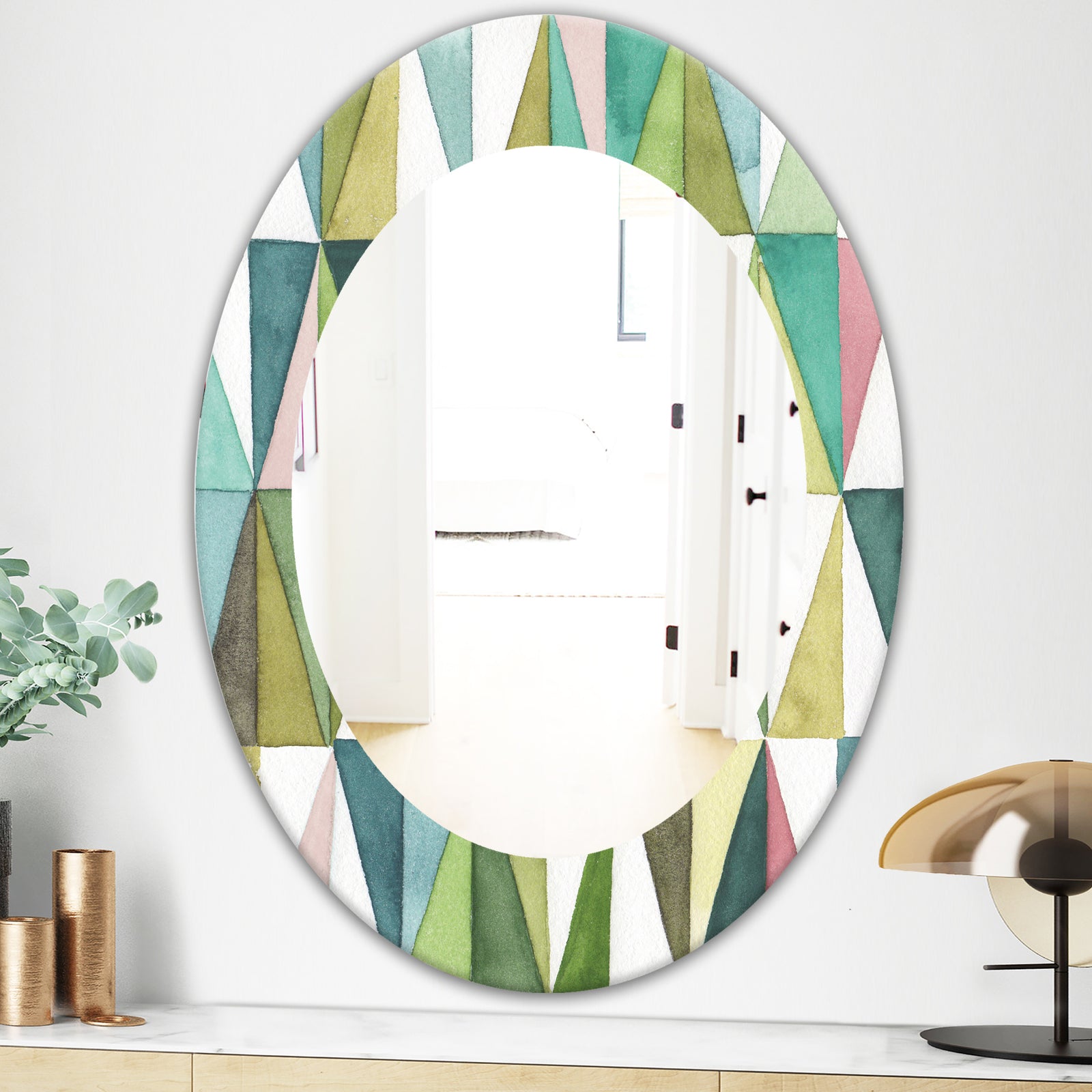 Mixed Green Geometric Pattern III - Modern Mirror - Oval or Round Wall Mirror
