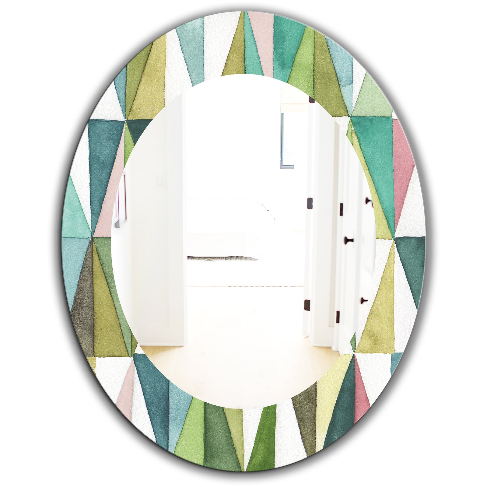 Mixed Green Geometric Pattern III - Modern Mirror - Oval or Round Wall Mirror