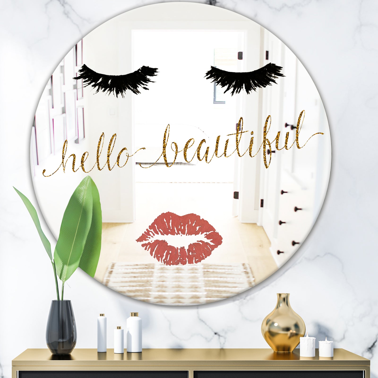 Fashion Glam Lips On Gold I - Modern Mirror - Oval and Circle Wall Mirror