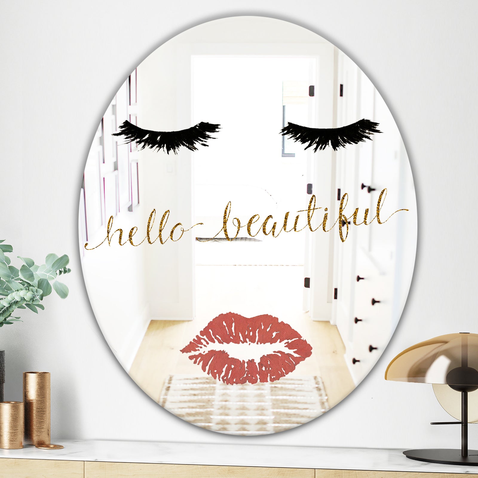 Fashion Glam Lips On Gold I - Modern Mirror - Oval and Circle Wall Mirror