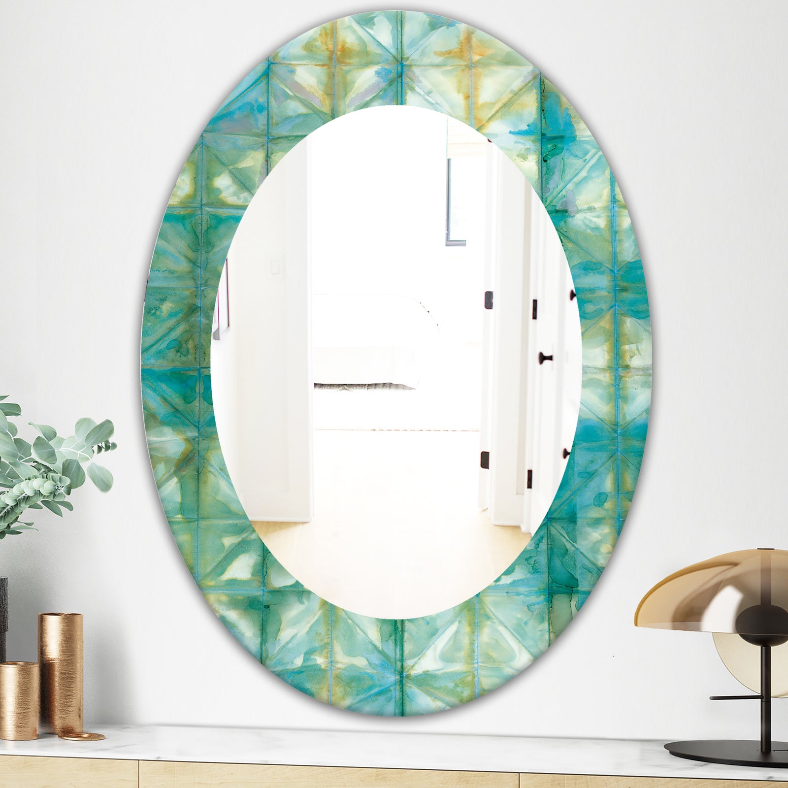 Blue Diamonds Minimal Geometric I - Mid-Century Mirror - Oval or Round Wall Mirror