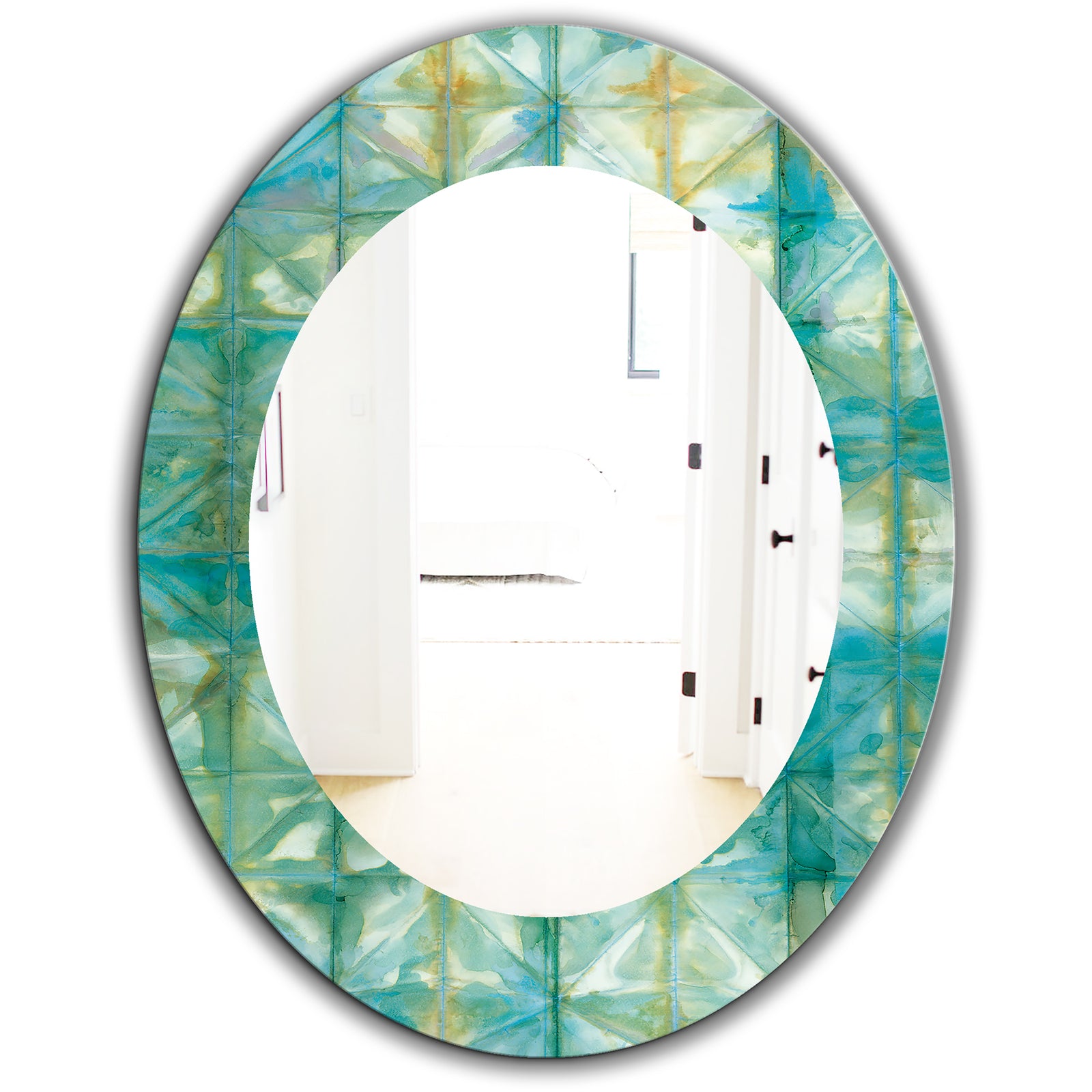 Blue Diamonds Minimal Geometric I - Mid-Century Mirror - Oval or Round Wall Mirror