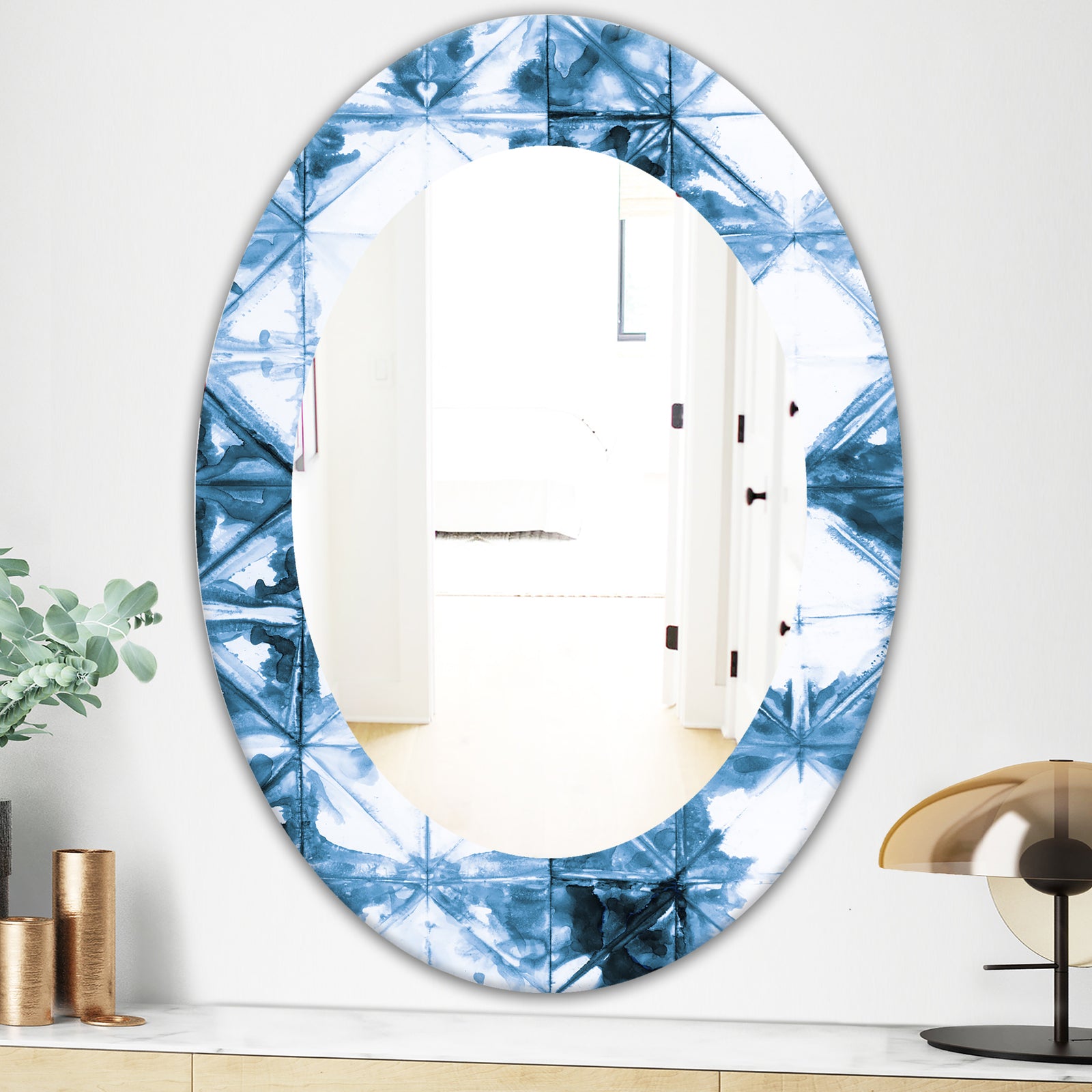 Indigo Watercolor Geometrical I - Mid-Century Mirror - Oval or Round Wall Mirror