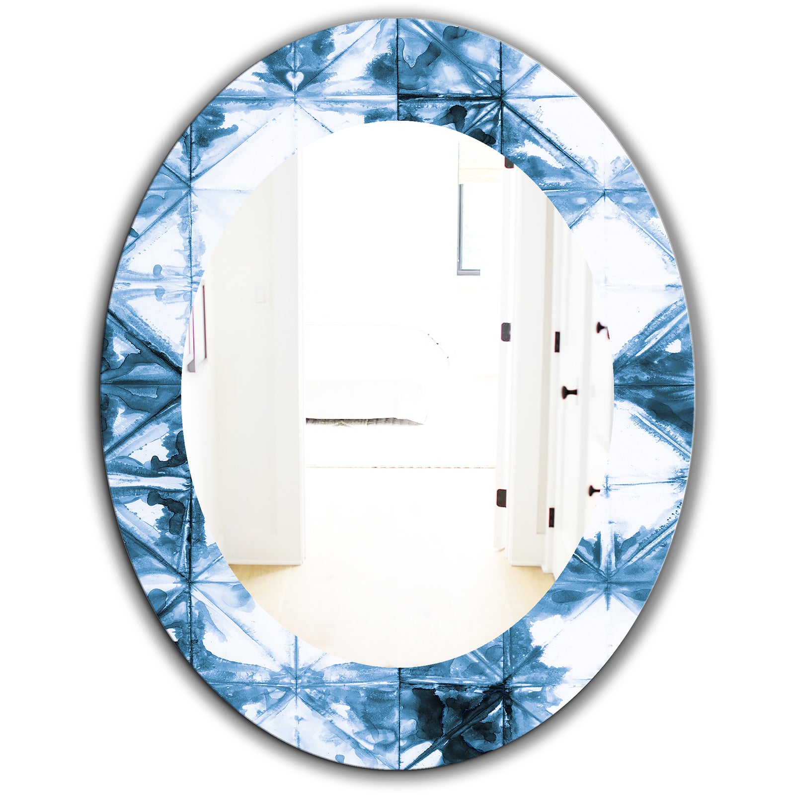 Indigo Watercolor Geometrical I - Mid-Century Mirror - Oval or Round Wall Mirror