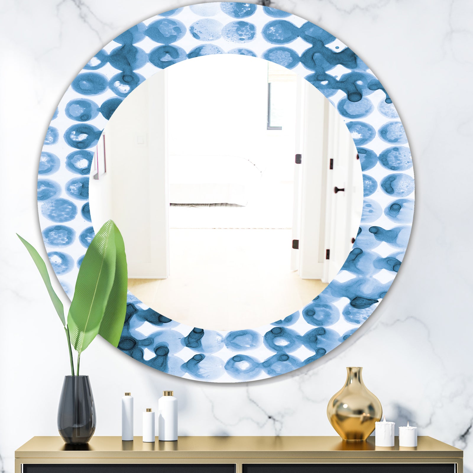 Indigo Watercolor Geometrical II - Mid-Century Mirror - Oval or Round Wall Mirror