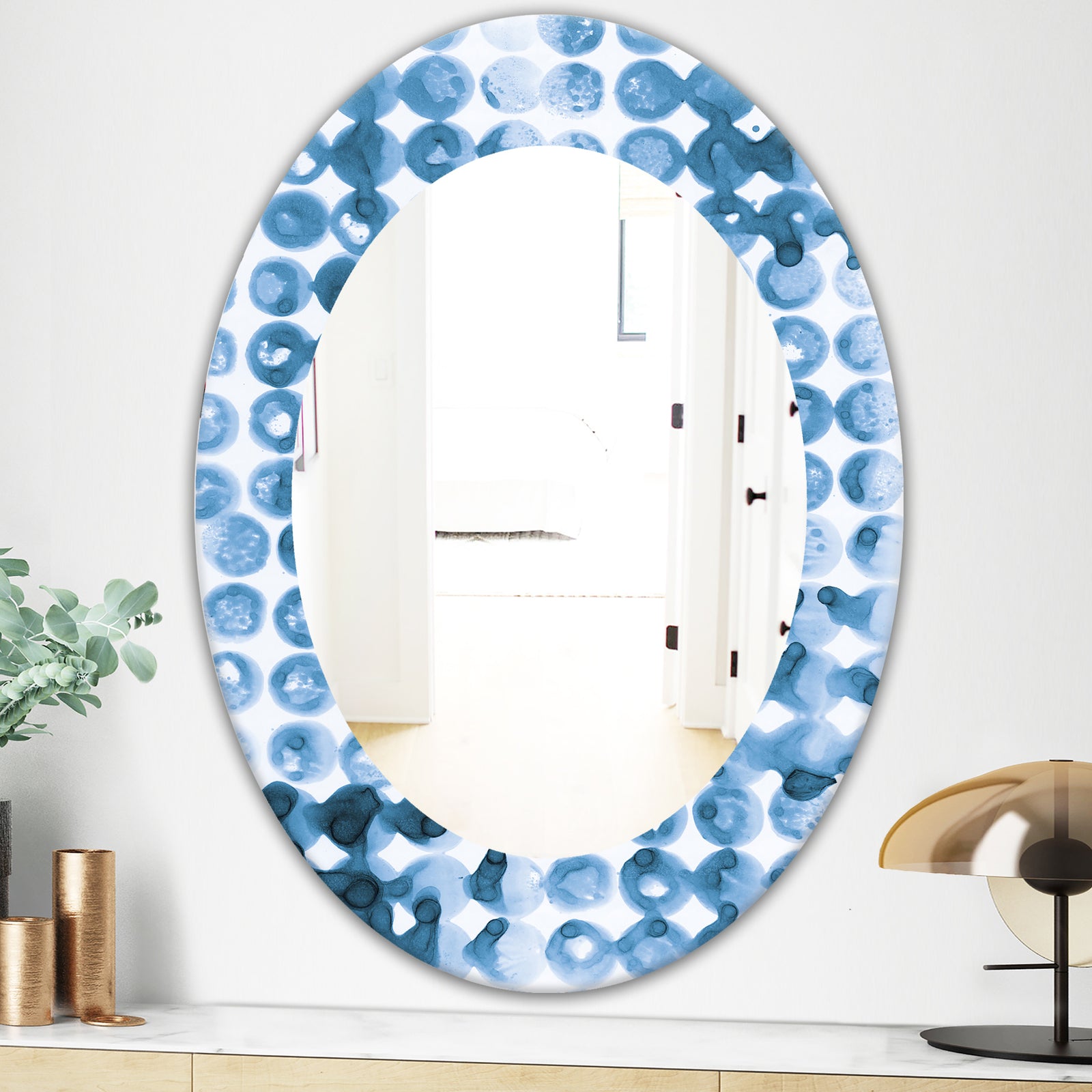 Indigo Watercolor Geometrical II - Mid-Century Mirror - Oval or Round Wall Mirror