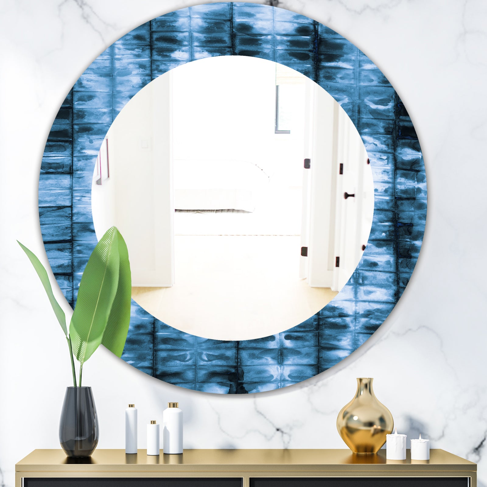 Indigo Watercolor Geometrical IV - Mid-Century Mirror - Oval or Round Wall Mirror