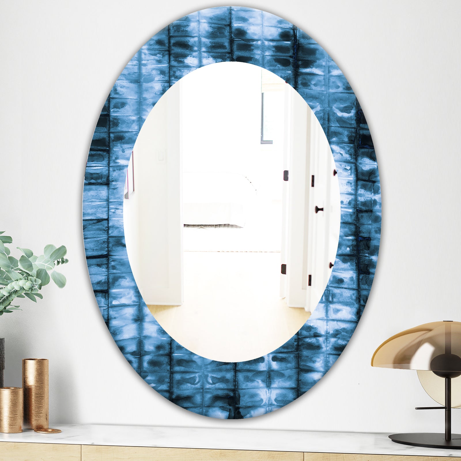 Indigo Watercolor Geometrical IV - Mid-Century Mirror - Oval or Round Wall Mirror