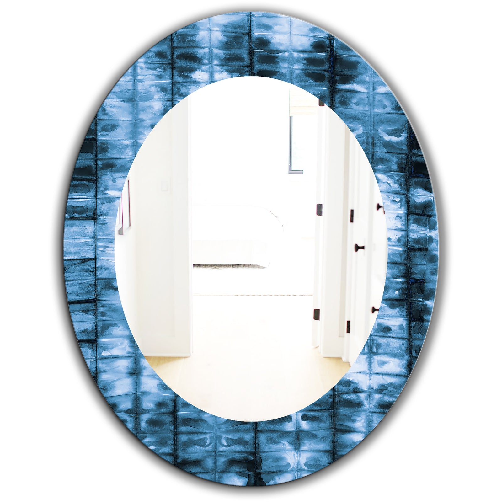 Indigo Watercolor Geometrical IV - Mid-Century Mirror - Oval or Round Wall Mirror