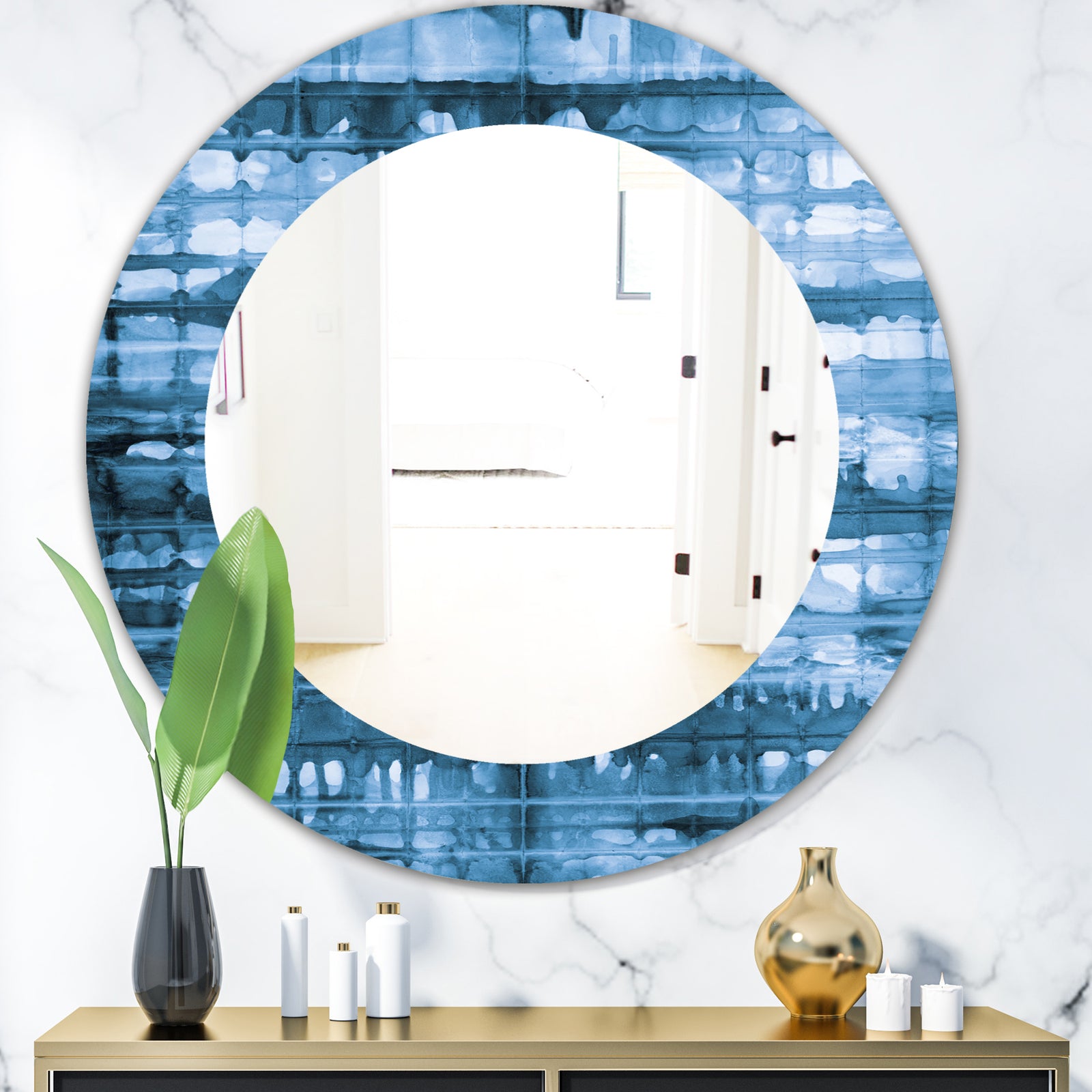 Indigo Watercolor Geometrical V - Mid-Century Mirror - Oval or Round Wall Mirror
