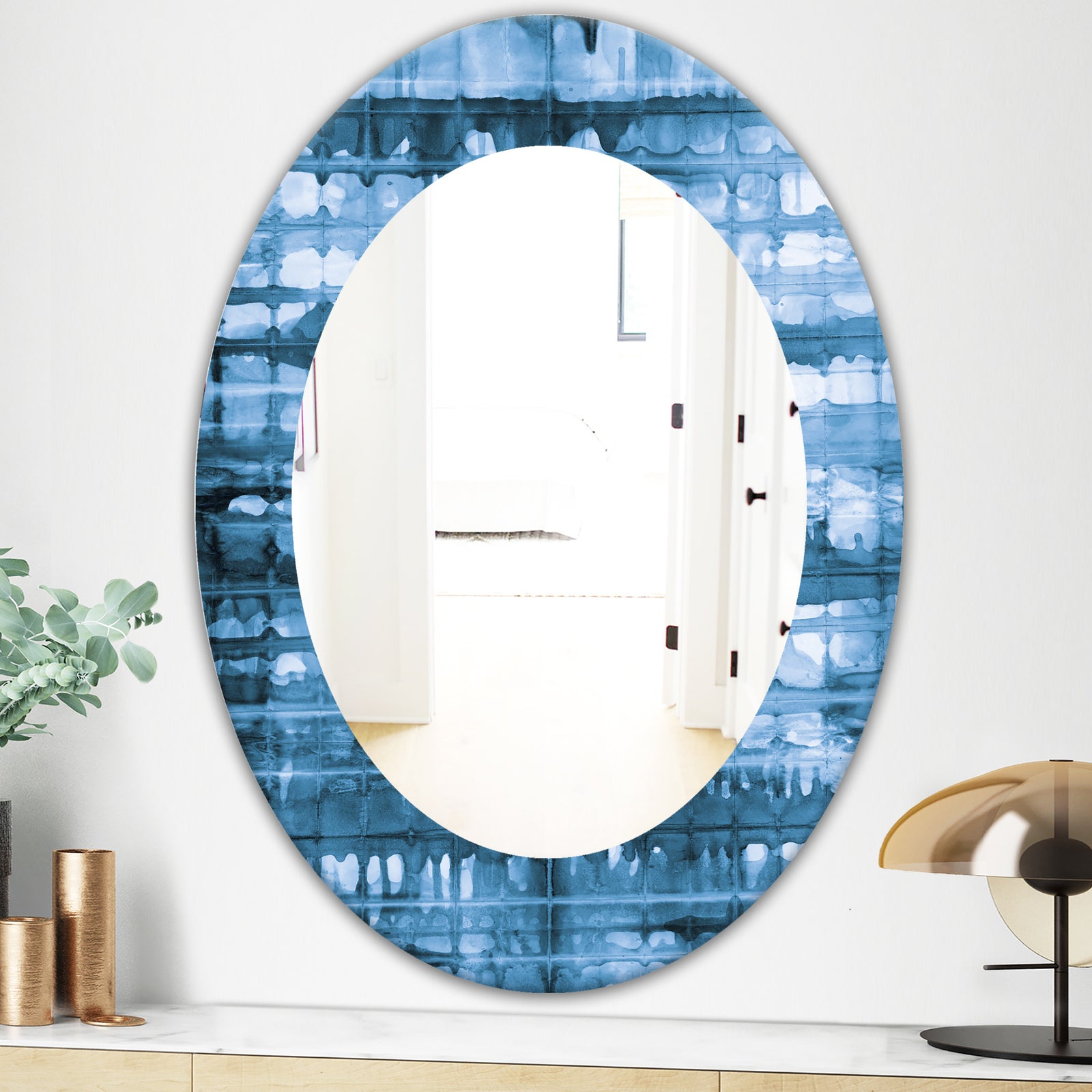 Indigo Watercolor Geometrical V - Mid-Century Mirror - Oval or Round Wall Mirror