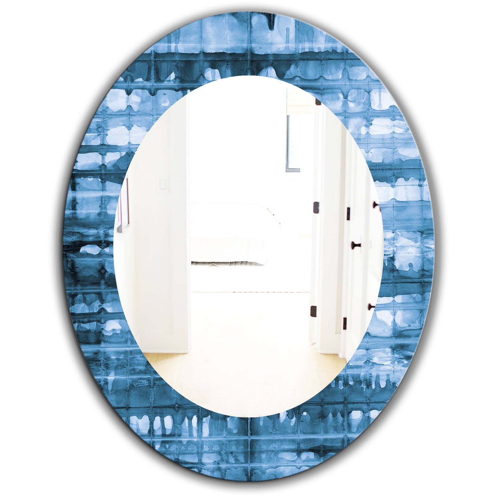 Indigo Watercolor Geometrical V - Mid-Century Mirror - Oval or Round Wall Mirror