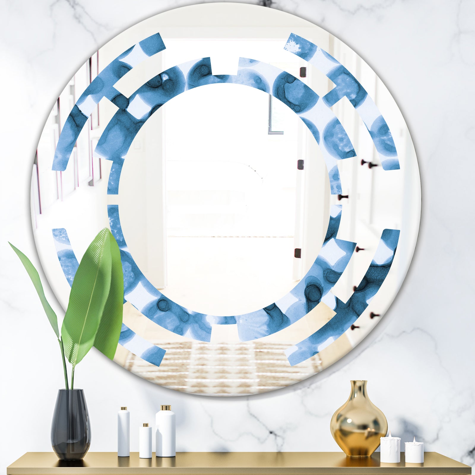 Indigo watercolor geometrical VI - Modern Round or Oval Wall Mirror - Space