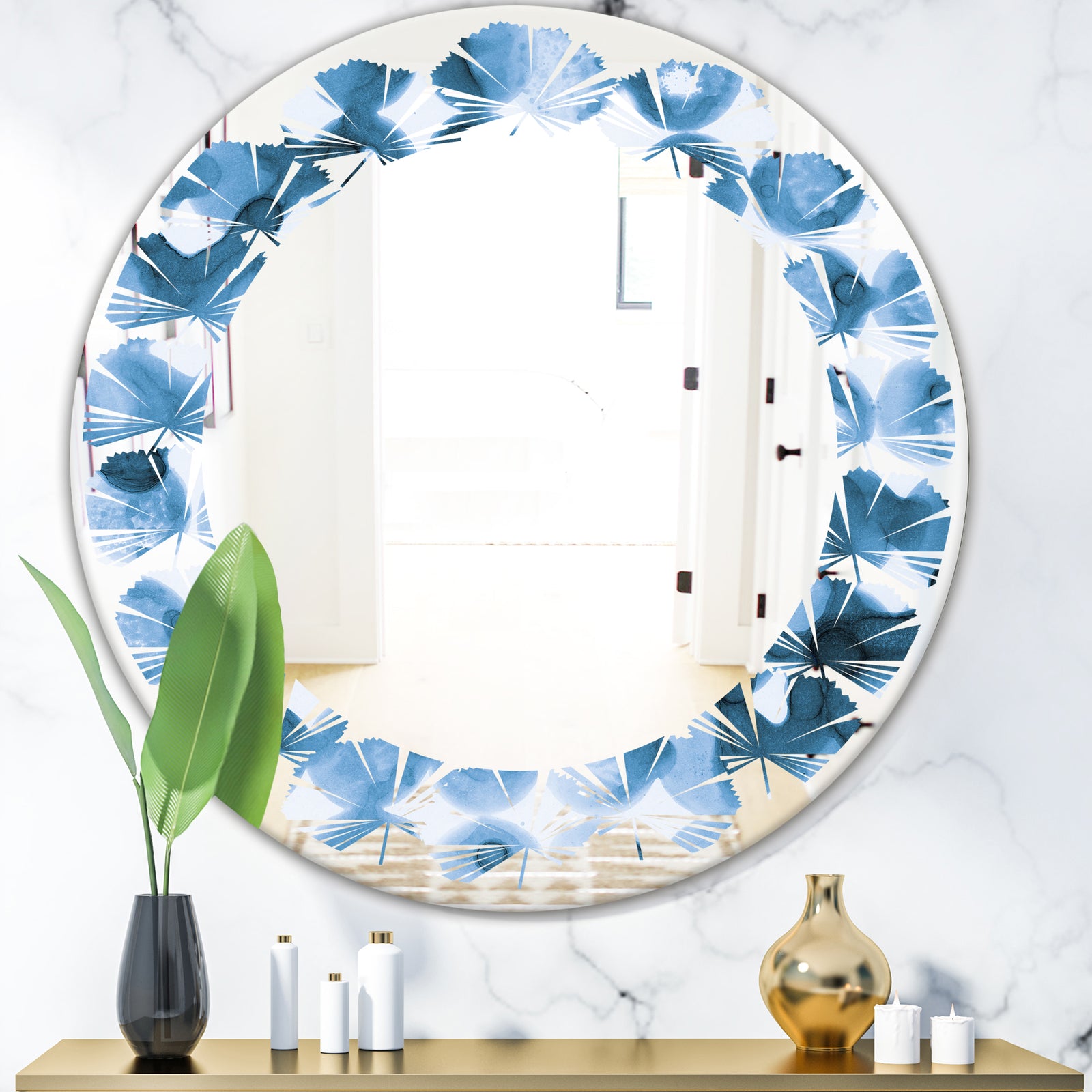 Indigo watercolor geometrical VI - Modern Round or Oval Wall Mirror - Leaves