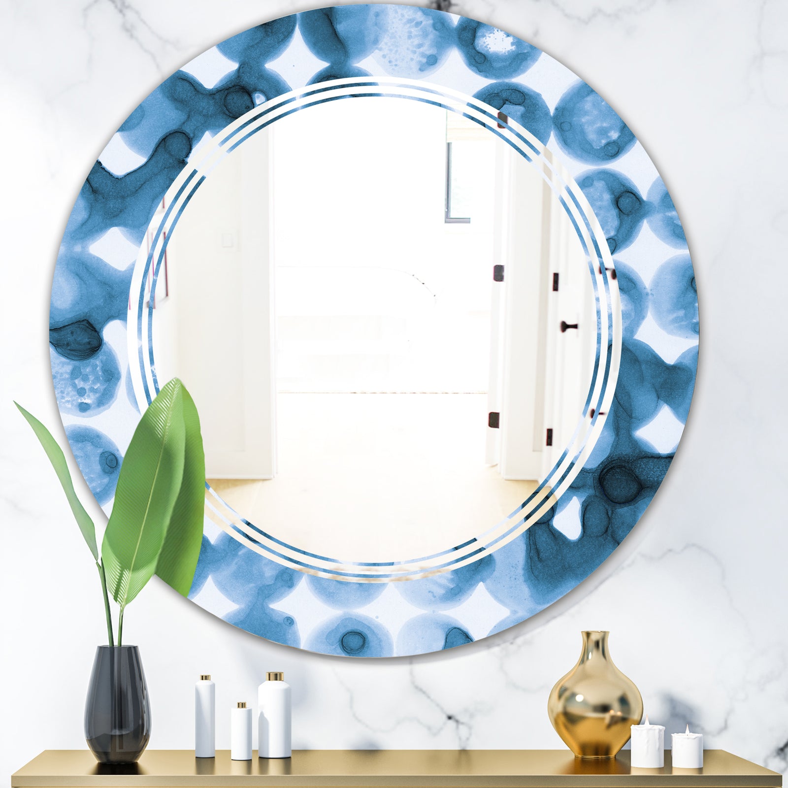 Indigo watercolor geometrical VI - Modern Round or Oval Wall Mirror - Triple C