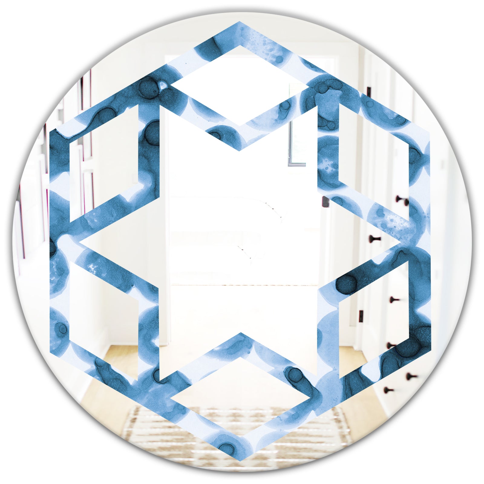 Indigo watercolor geometrical VI - Modern Round or Oval Wall Mirror - Hexagon Star