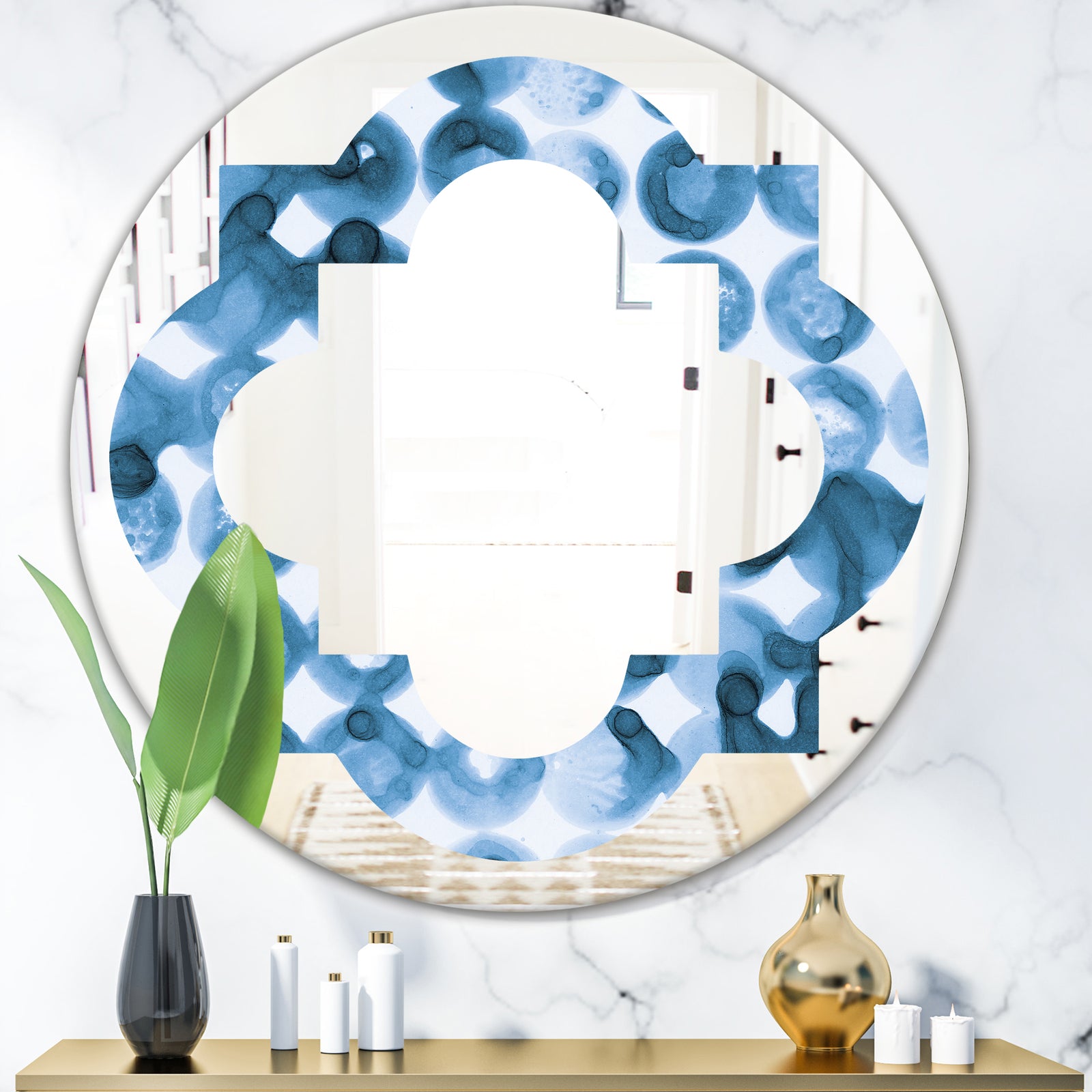 Indigo watercolor geometrical VI - Modern Round or Oval Wall Mirror - Quatrefoil