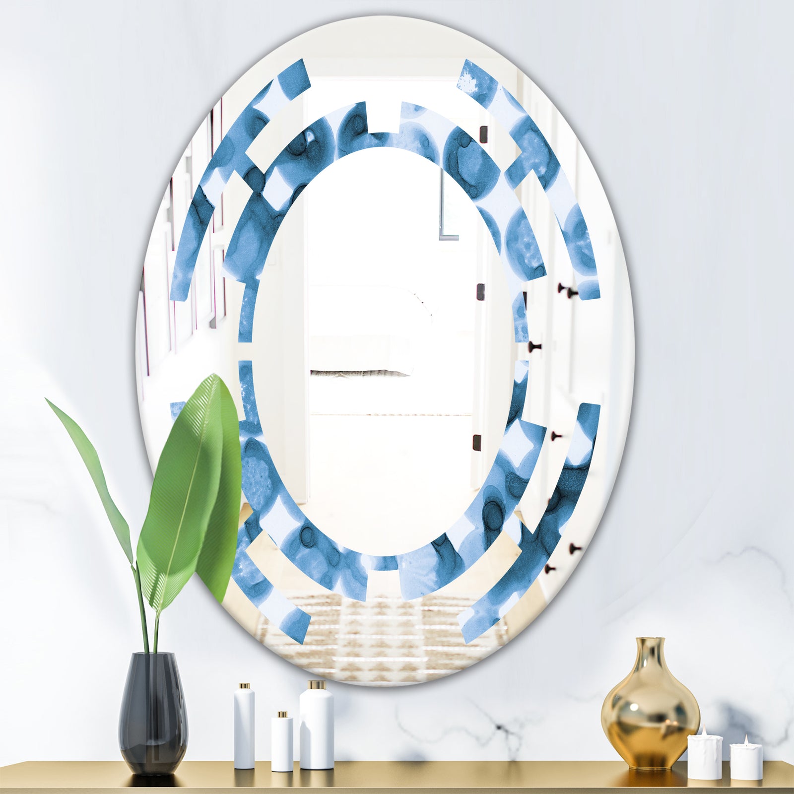 Indigo watercolor geometrical VI - Modern Round or Oval Wall Mirror - Space