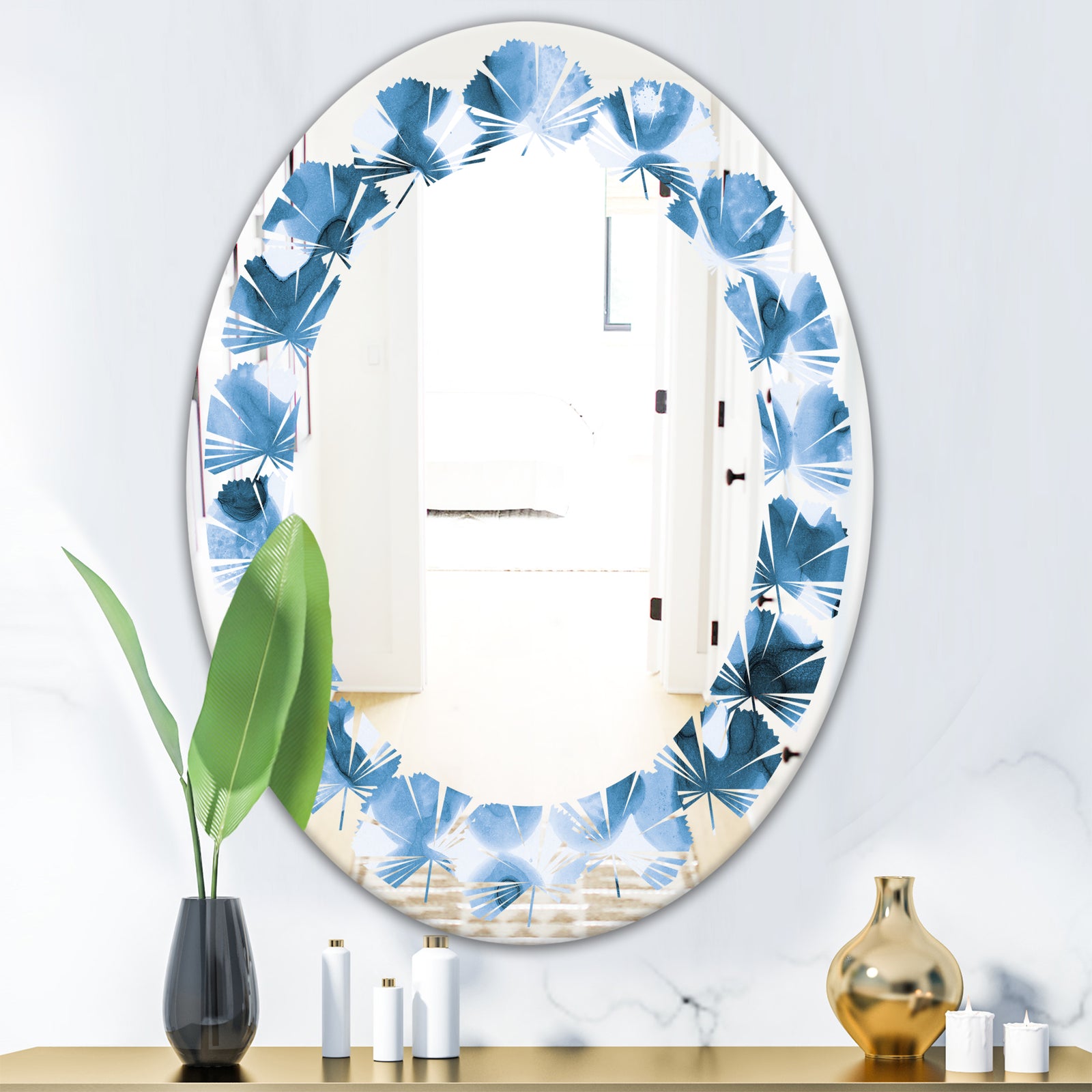 Indigo watercolor geometrical VI - Modern Round or Oval Wall Mirror - Leaves