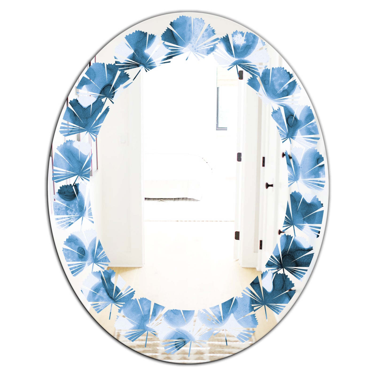 Indigo watercolor geometrical VI - Modern Round or Oval Wall Mirror - Leaves