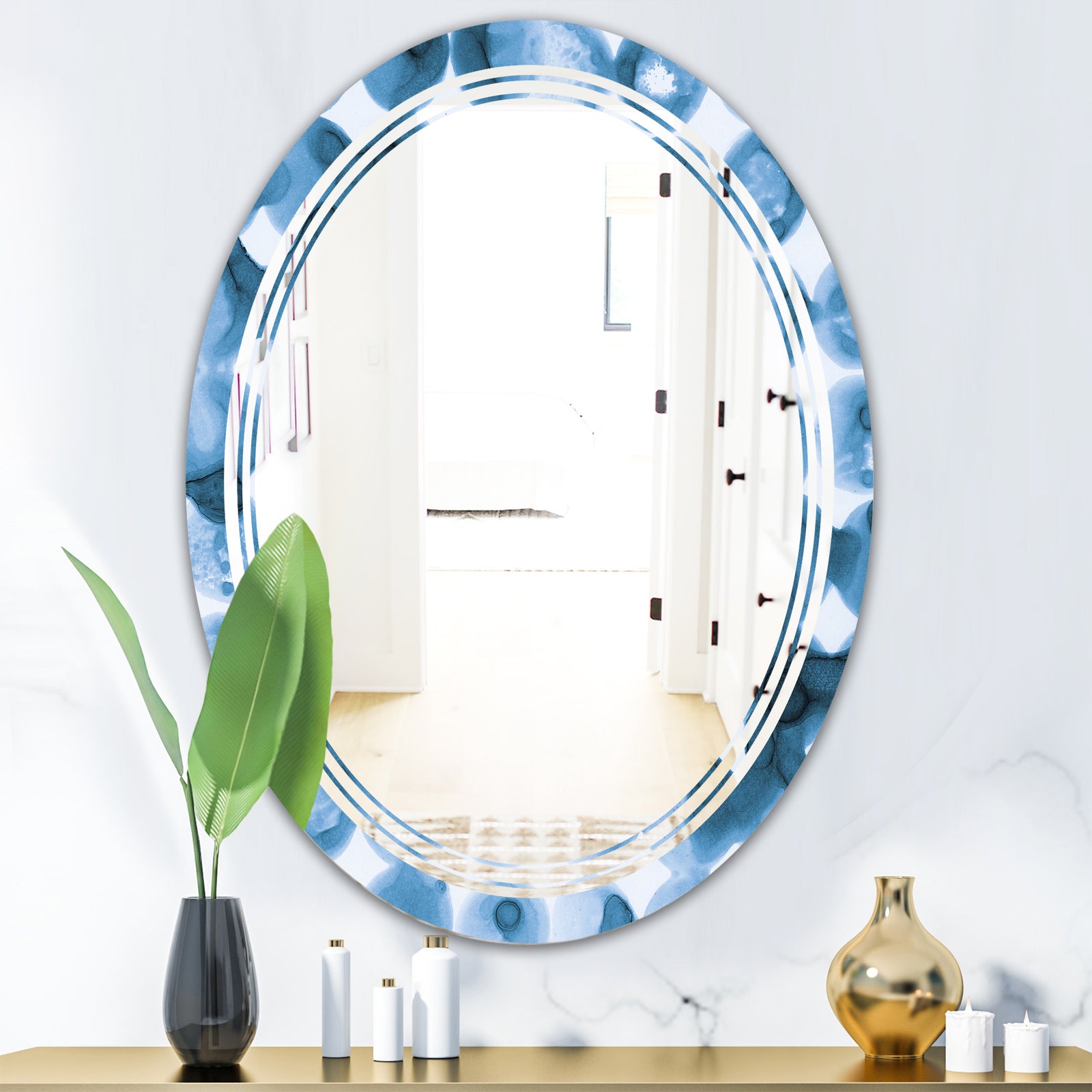 Indigo watercolor geometrical VI - Modern Round or Oval Wall Mirror - Triple C