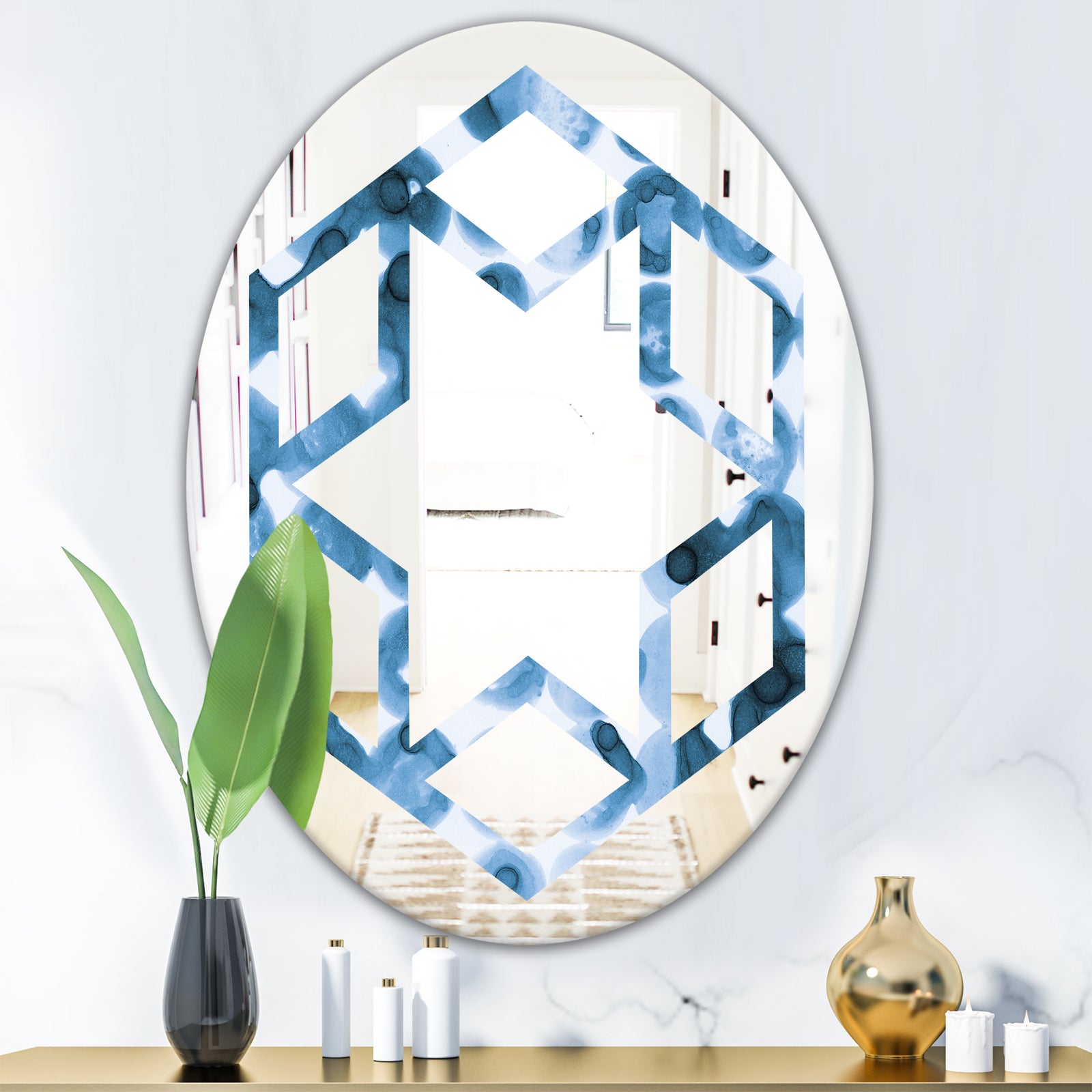 Indigo watercolor geometrical VI - Modern Round or Oval Wall Mirror - Hexagon Star