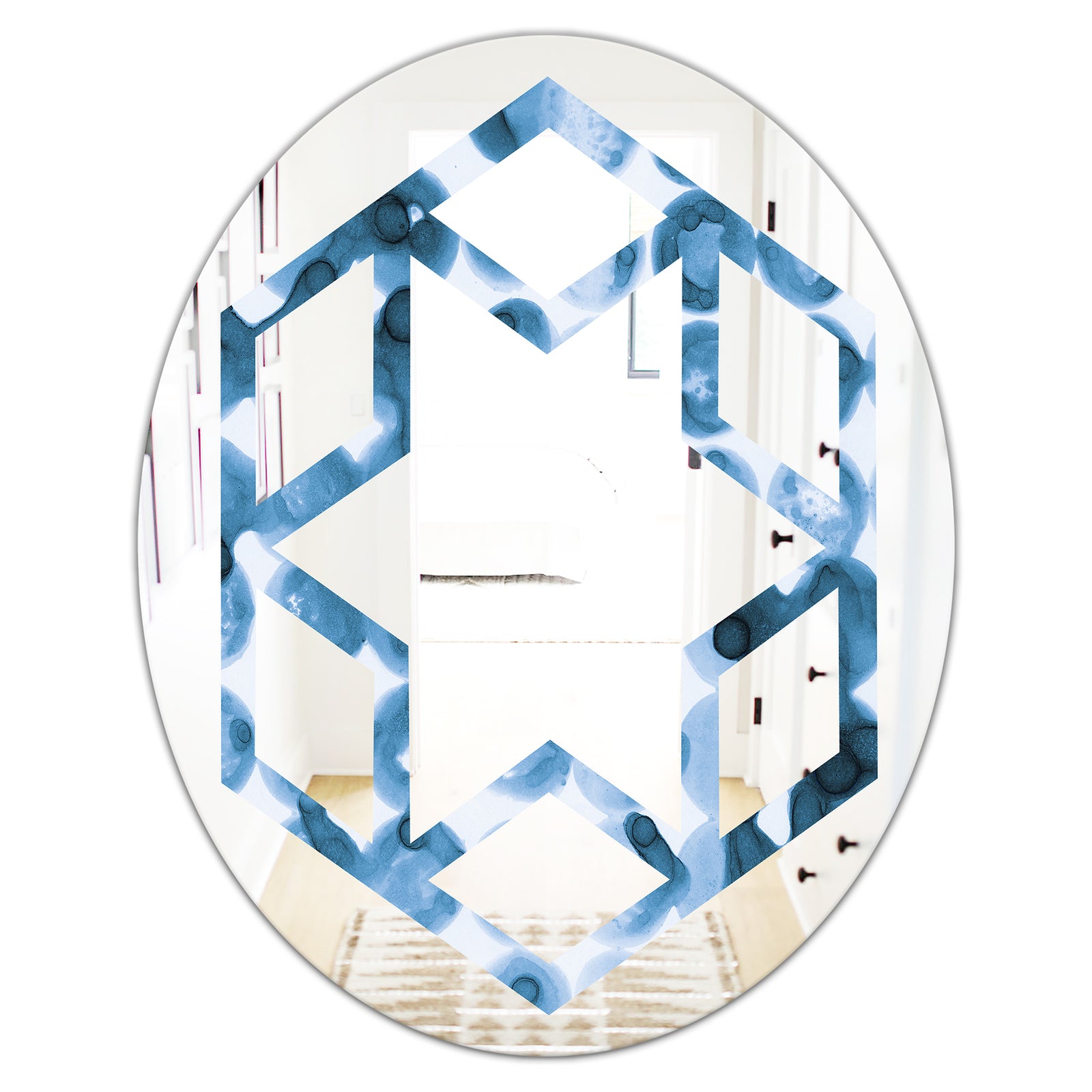 Indigo watercolor geometrical VI - Modern Round or Oval Wall Mirror - Hexagon Star