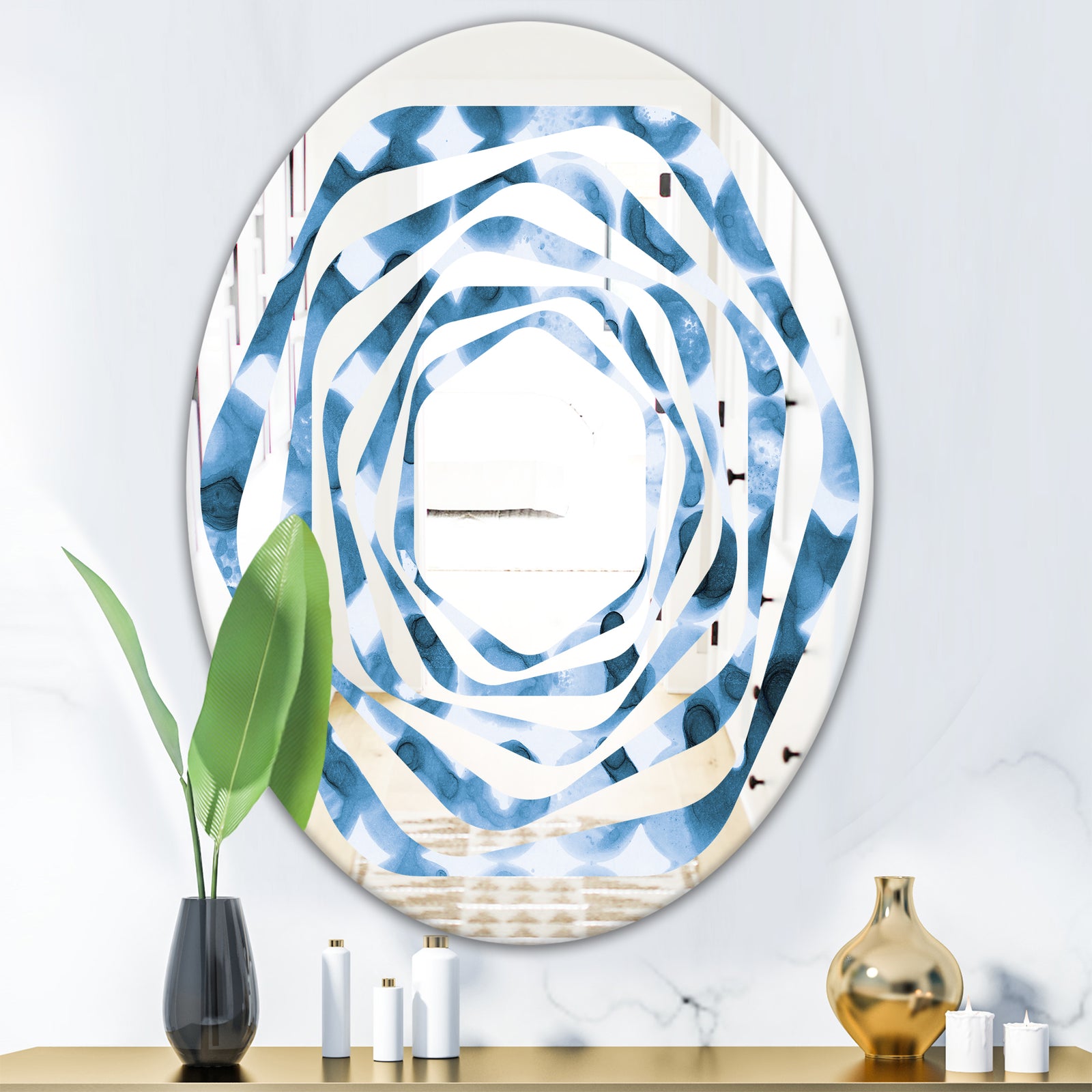 Indigo watercolor geometrical VI - Modern Round or Oval Wall Mirror - Whirl