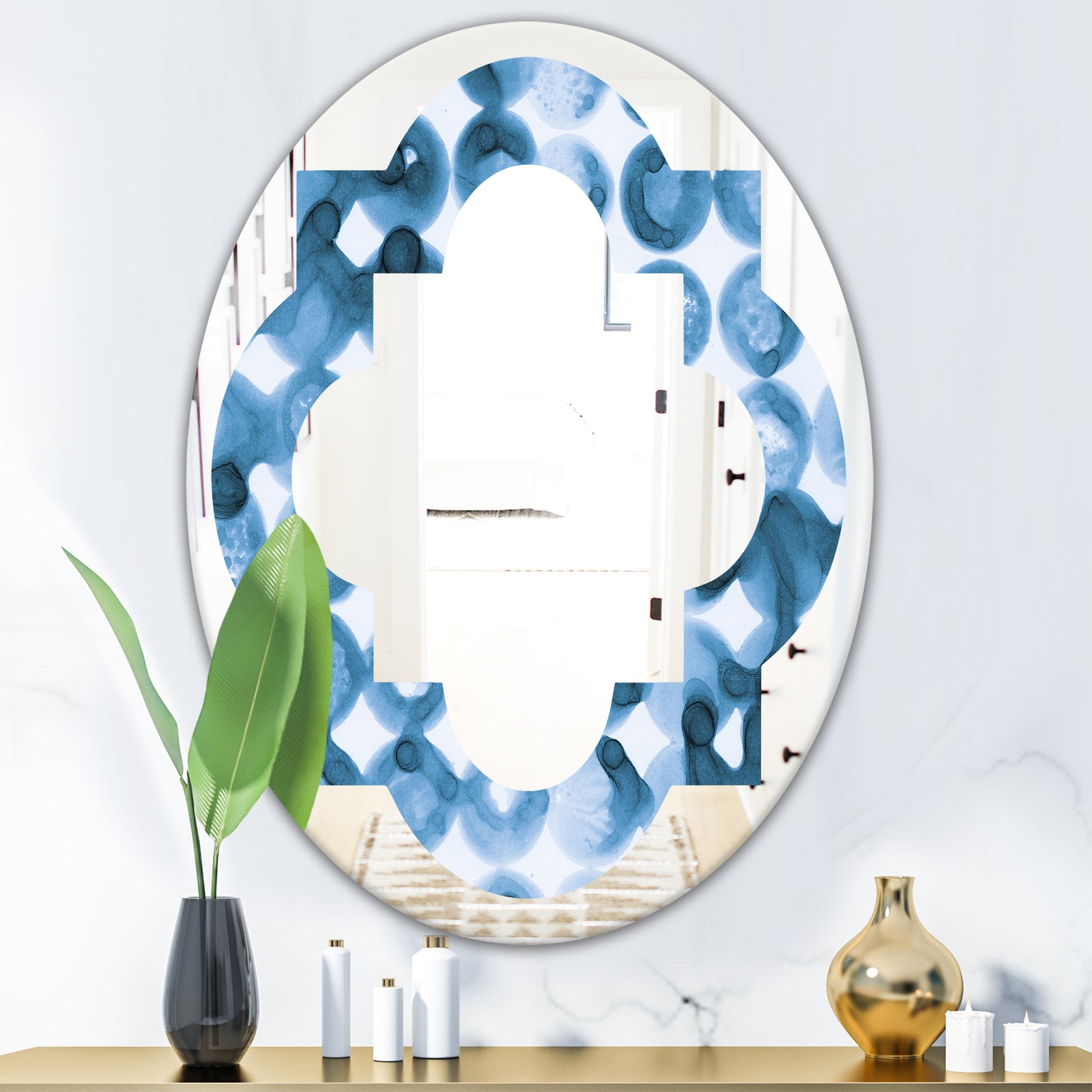 Indigo watercolor geometrical VI - Modern Round or Oval Wall Mirror - Quatrefoil