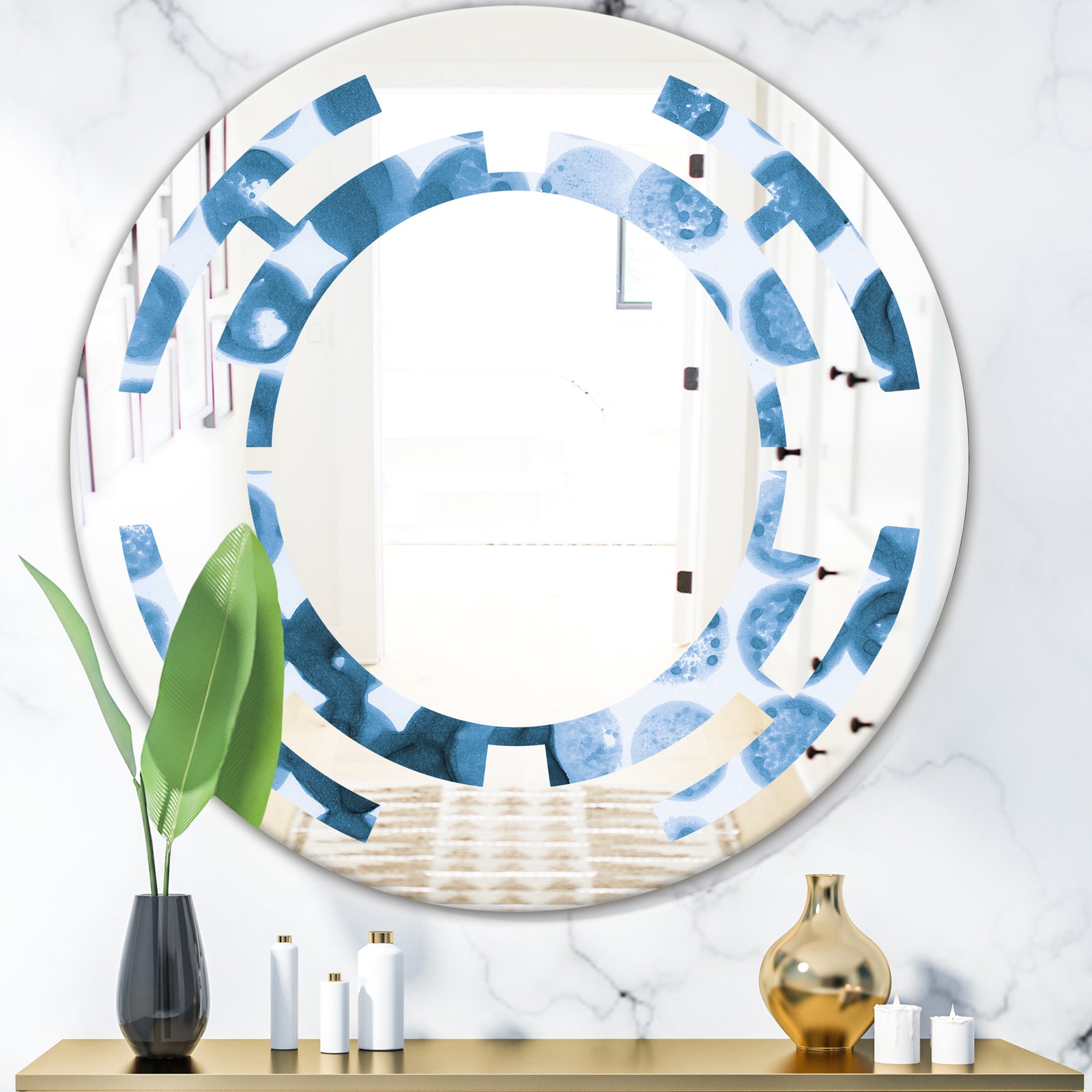 Indigo Watercolor Geometrical VII - Modern Round or Oval Wall Mirror - Space