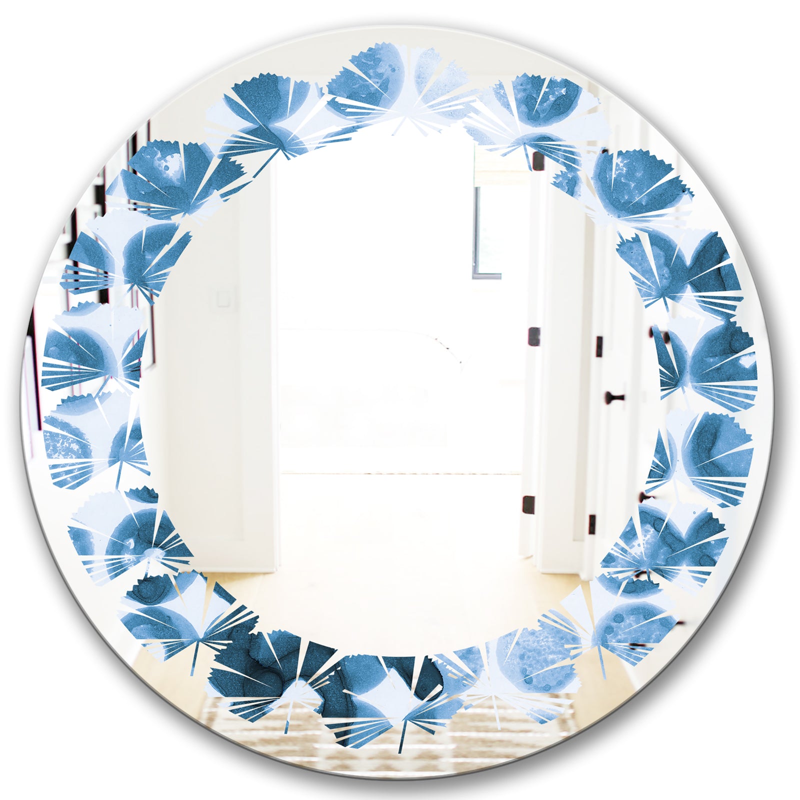 Indigo Watercolor Geometrical VII - Modern Round or Oval Wall Mirror - Leaves