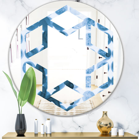 Indigo Watercolor Geometrical VII - Modern Round or Oval Wall Mirror - Hexagon Star