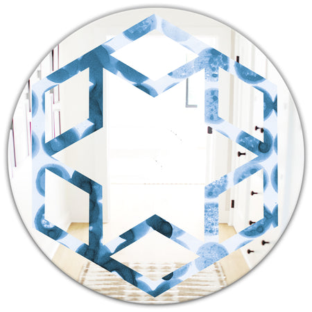 Indigo Watercolor Geometrical VII - Modern Round or Oval Wall Mirror - Hexagon Star