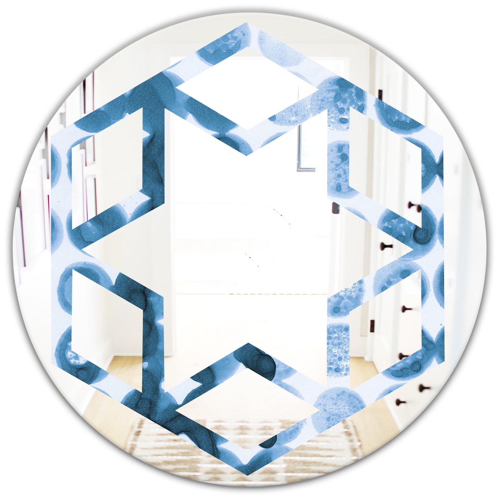 Indigo Watercolor Geometrical VII - Modern Round or Oval Wall Mirror - Hexagon Star