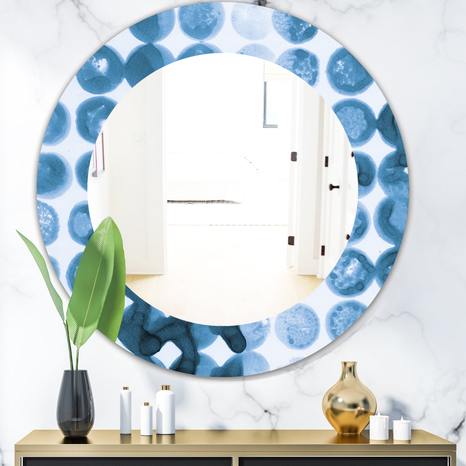 Indigo Watercolor Geometrical VII - Mid-Century Mirror - Oval or Round Wall Mirror