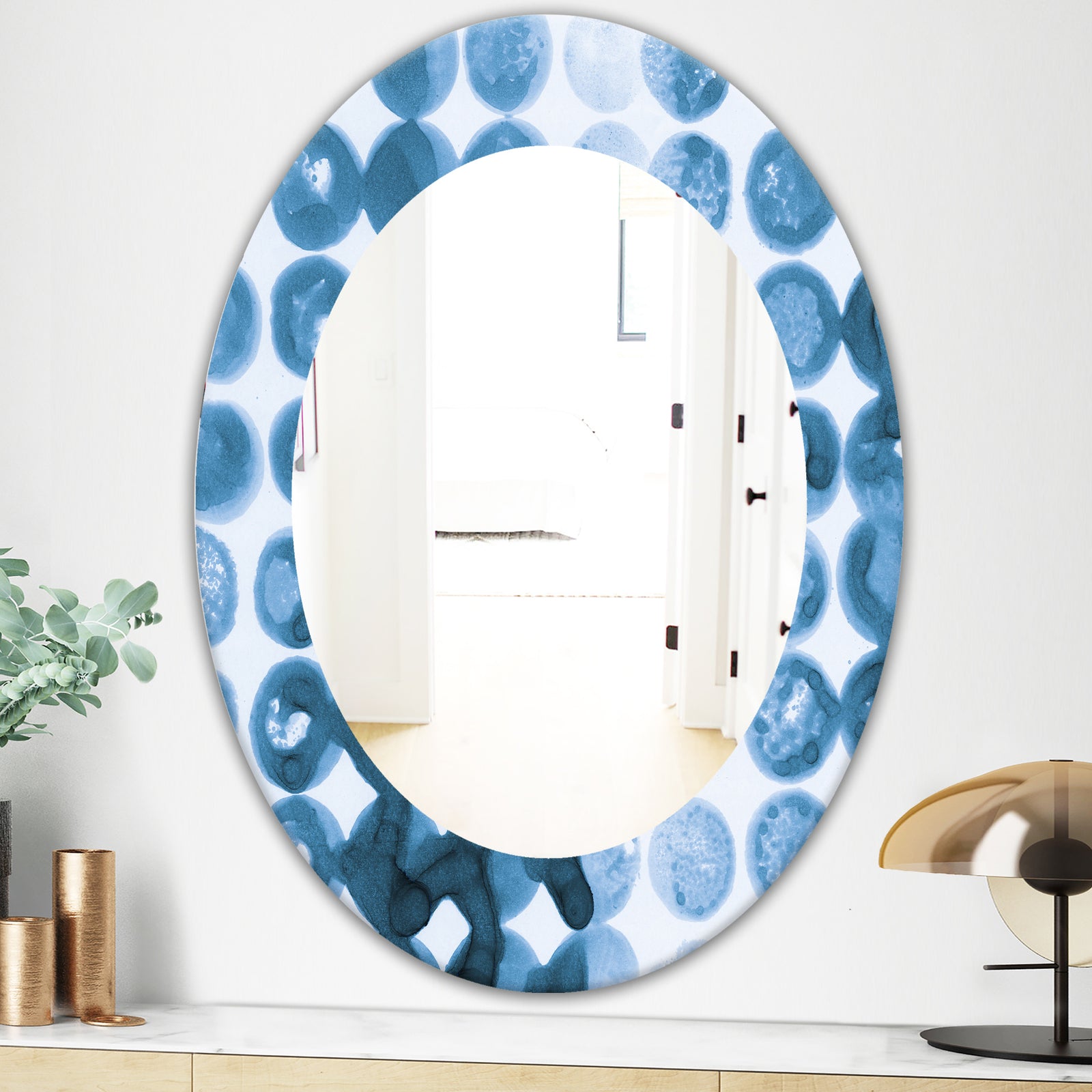 Indigo Watercolor Geometrical VII - Mid-Century Mirror - Oval or Round Wall Mirror