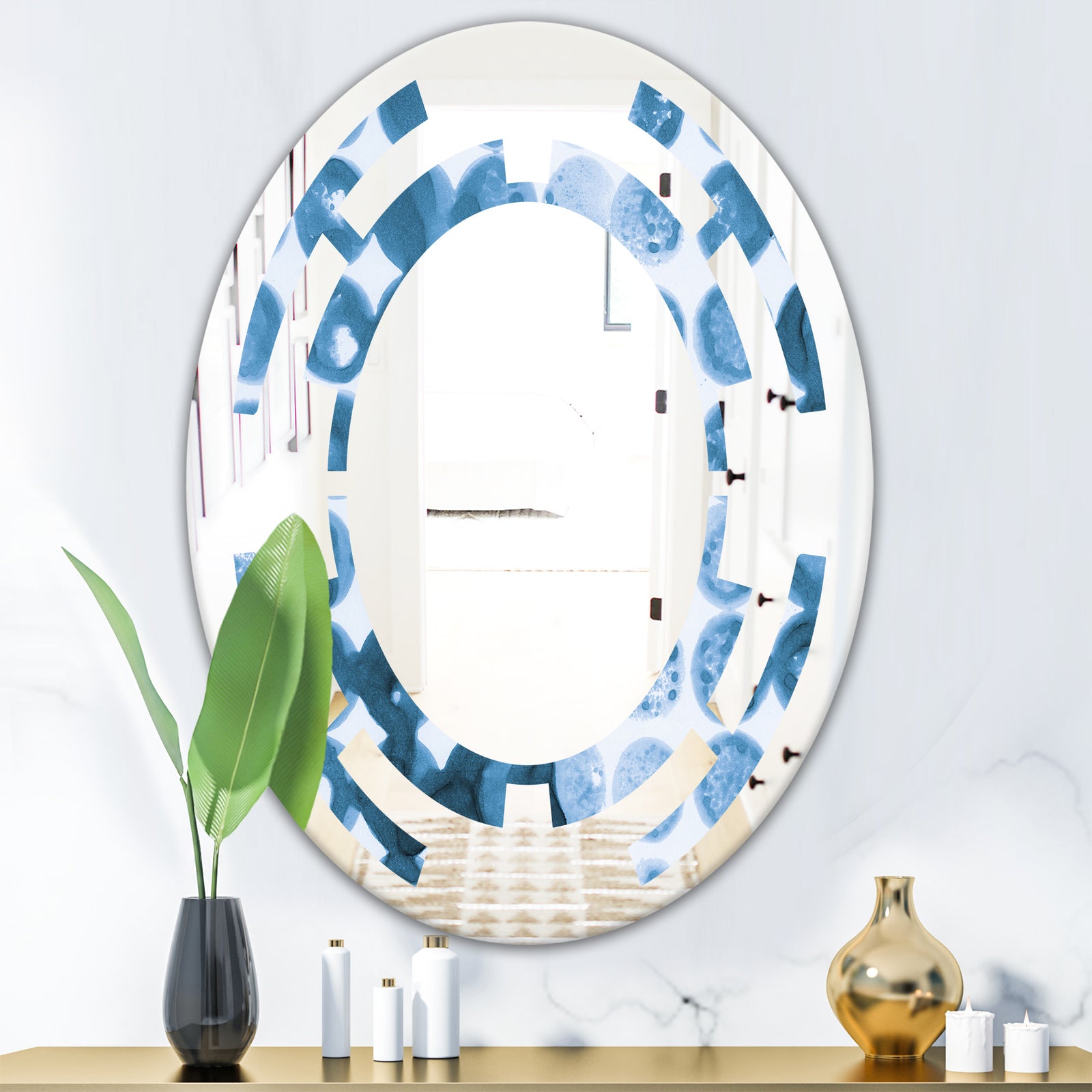 Indigo Watercolor Geometrical VII - Modern Round or Oval Wall Mirror - Space