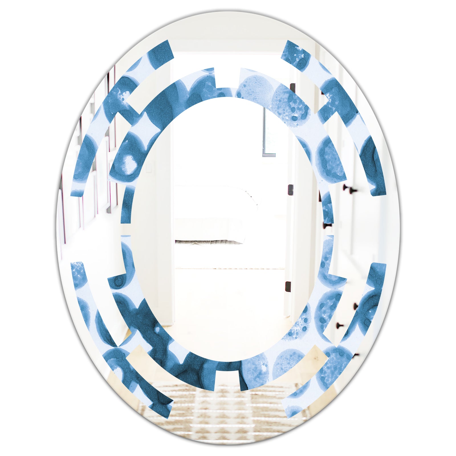 Indigo Watercolor Geometrical VII - Modern Round or Oval Wall Mirror - Space