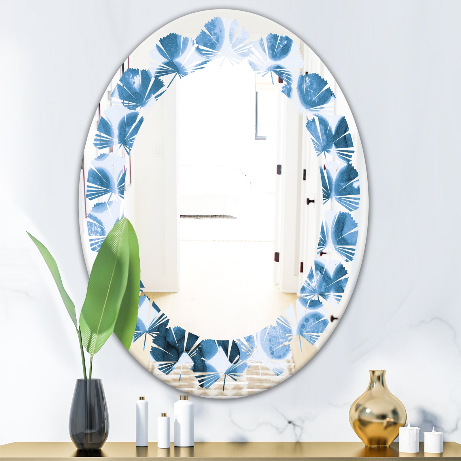 Indigo Watercolor Geometrical VII - Modern Round or Oval Wall Mirror - Leaves