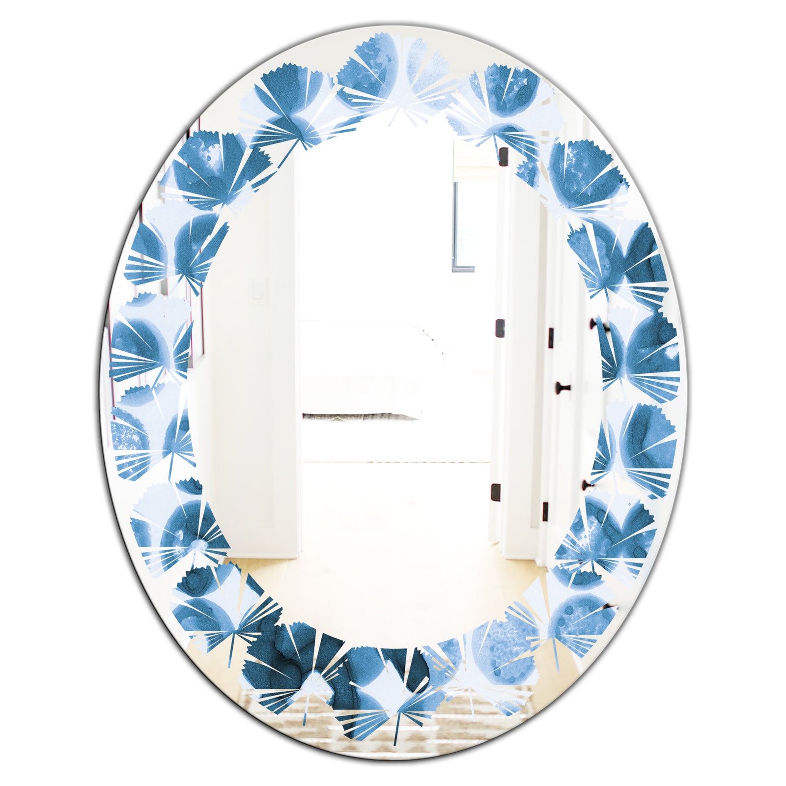 Indigo Watercolor Geometrical VII - Modern Round or Oval Wall Mirror - Leaves