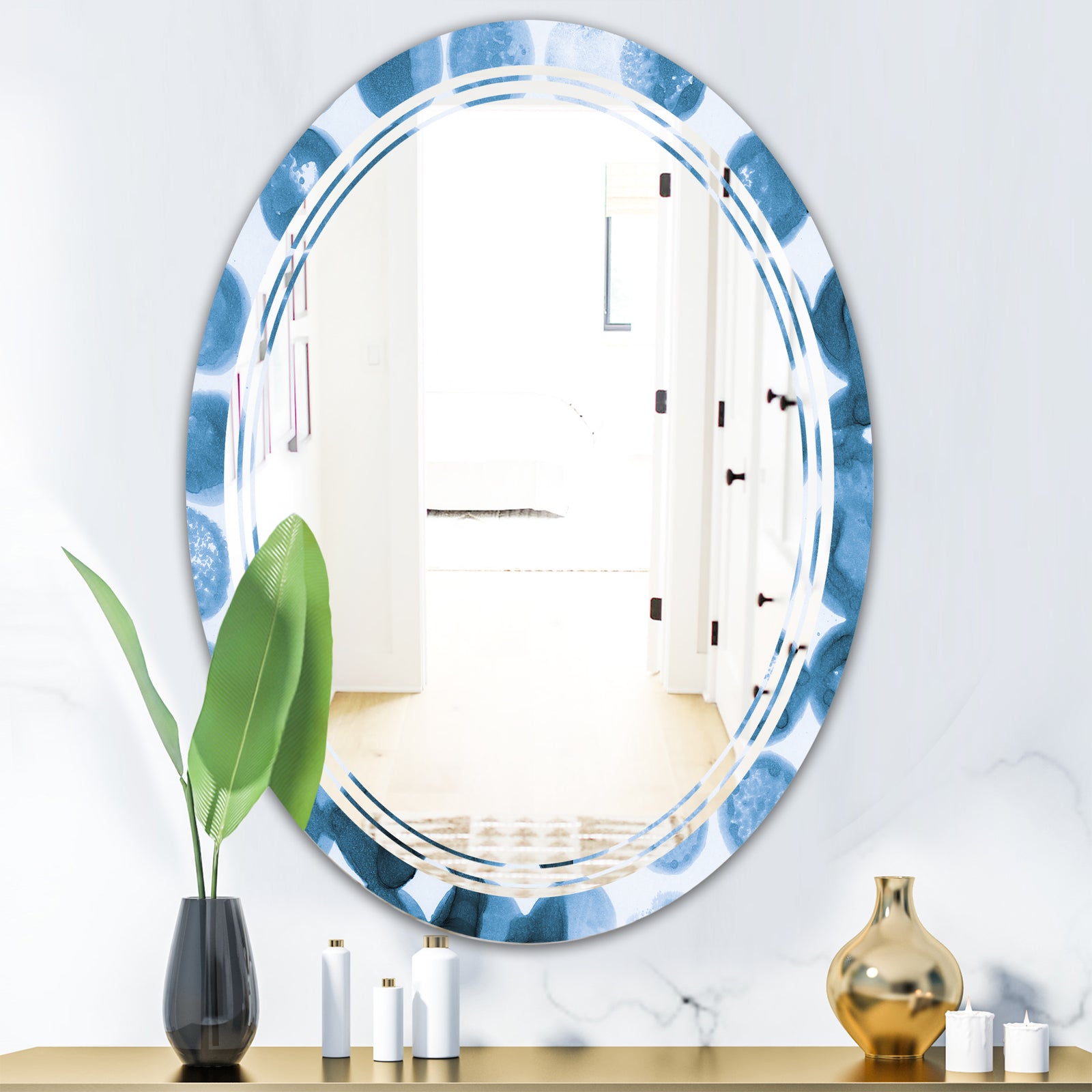 Indigo Watercolor Geometrical VII - Modern Round or Oval Wall Mirror - Triple C
