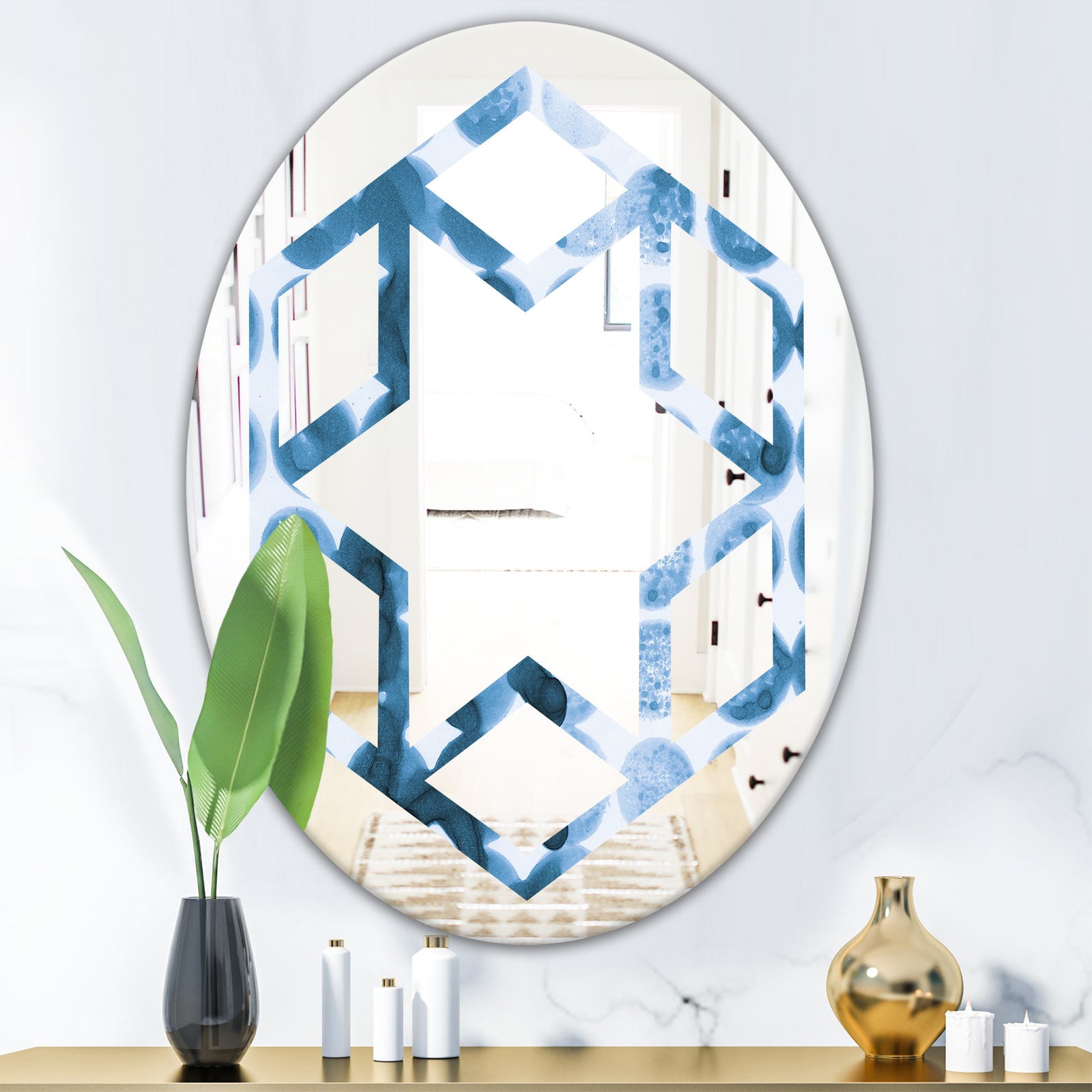 Indigo Watercolor Geometrical VII - Modern Round or Oval Wall Mirror - Hexagon Star