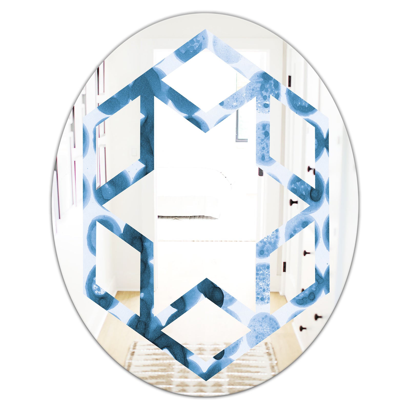 Indigo Watercolor Geometrical VII - Modern Round or Oval Wall Mirror - Hexagon Star