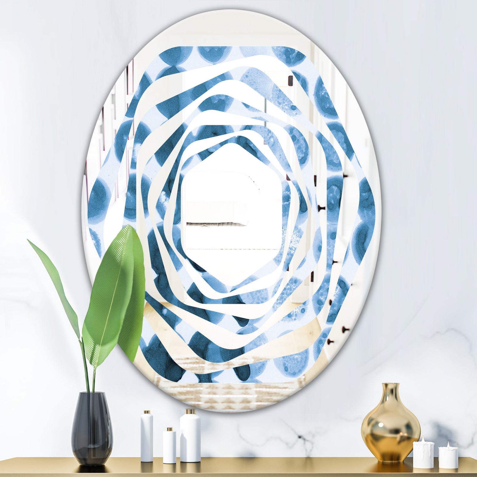 Indigo Watercolor Geometrical VII - Modern Round or Oval Wall Mirror - Whirl