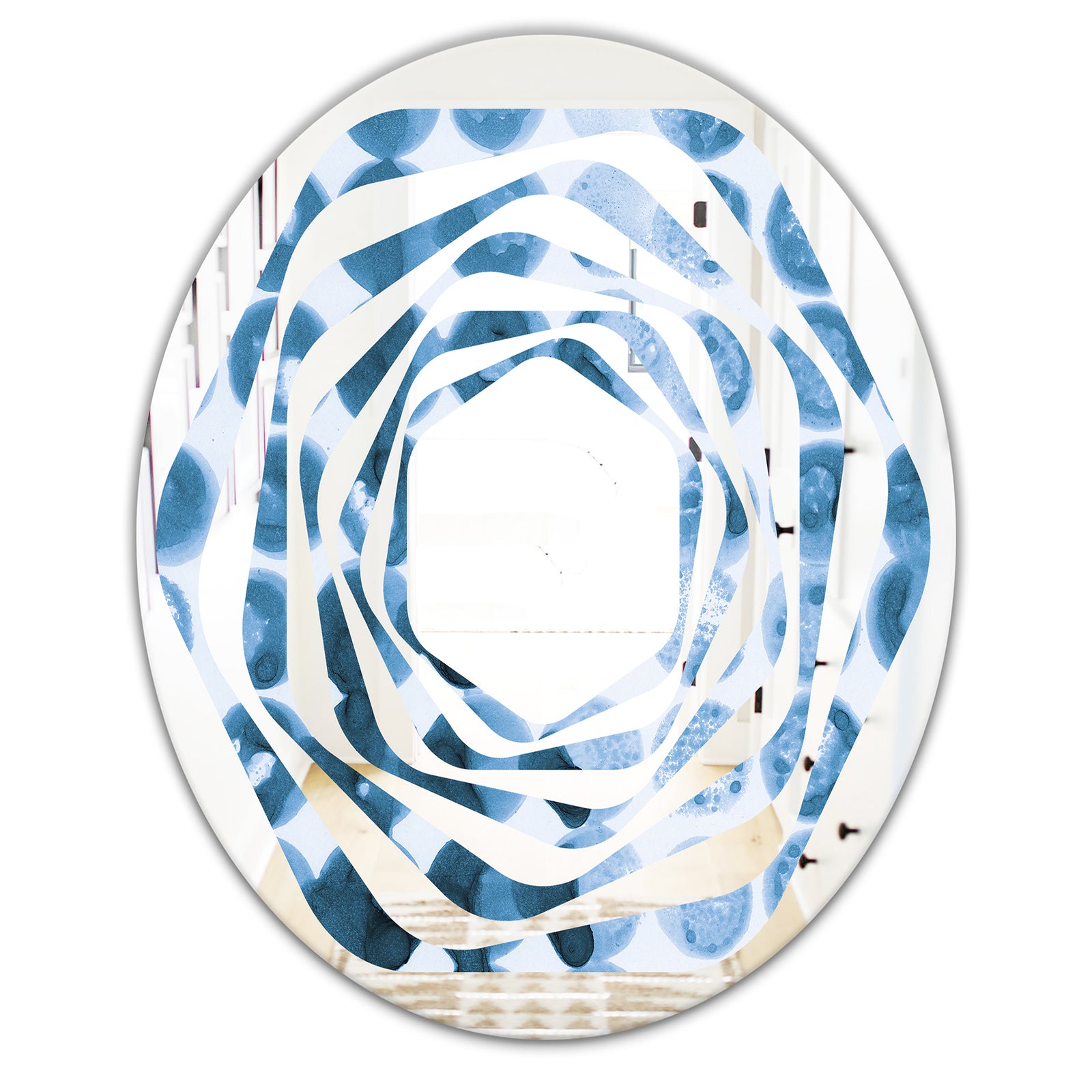 Indigo Watercolor Geometrical VII - Modern Round or Oval Wall Mirror - Whirl