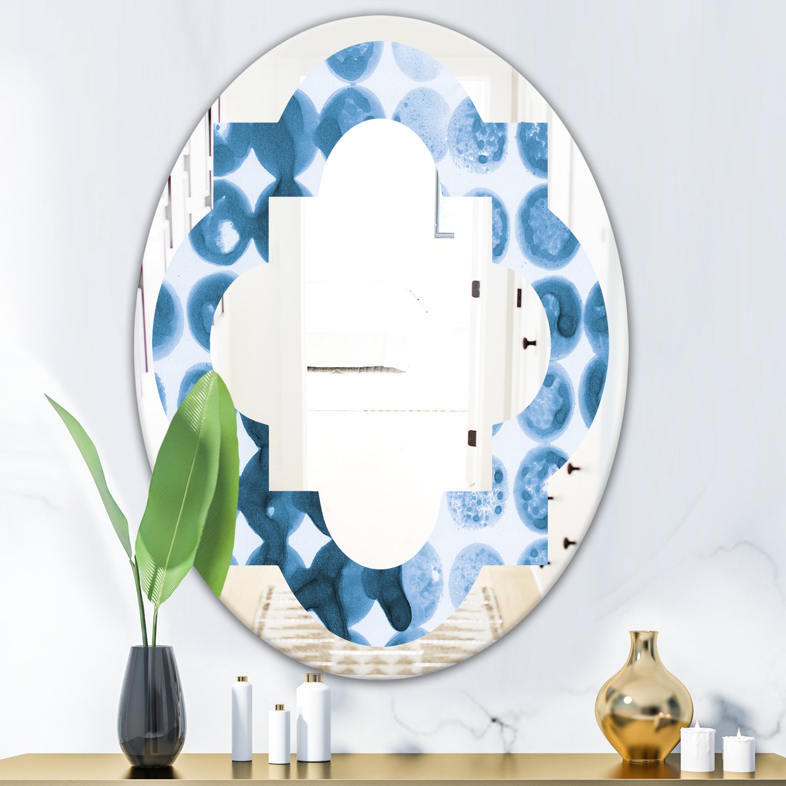Indigo Watercolor Geometrical VII - Modern Round or Oval Wall Mirror - Quatrefoil