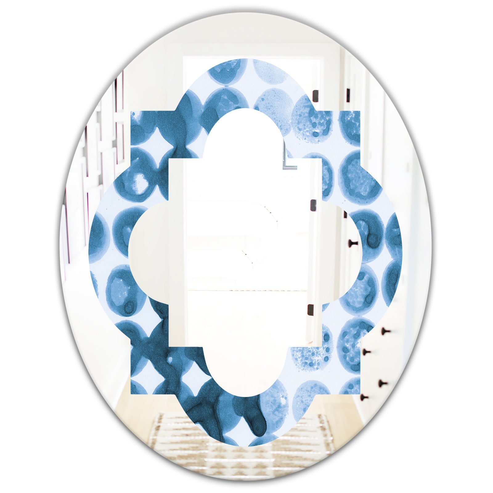 Indigo Watercolor Geometrical VII - Modern Round or Oval Wall Mirror - Quatrefoil